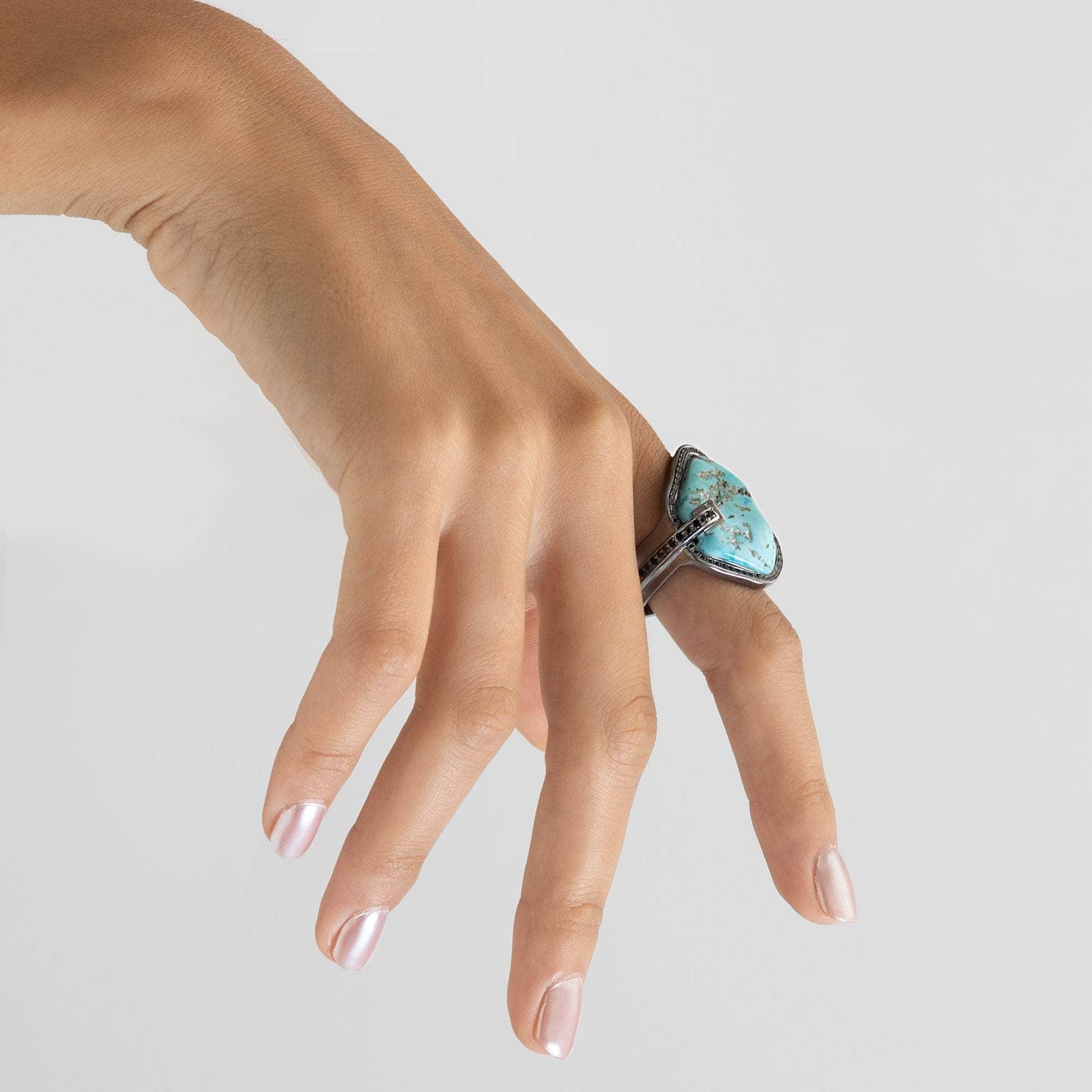 Lehaz Raw Natural Turquoise and Black Spinel Statement Singular Design Ring in 925 Silver
