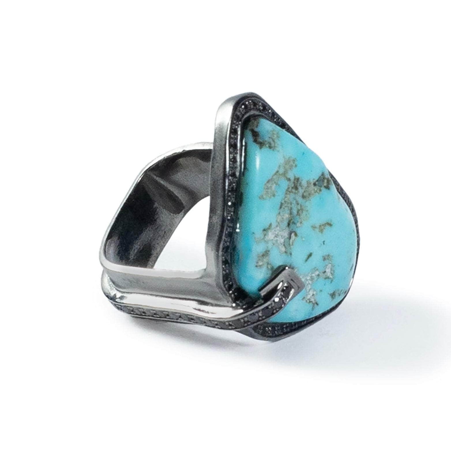 Lehaz Raw Natural Turquoise and Black Spinel Statement Singular Design Ring in 925 Silver