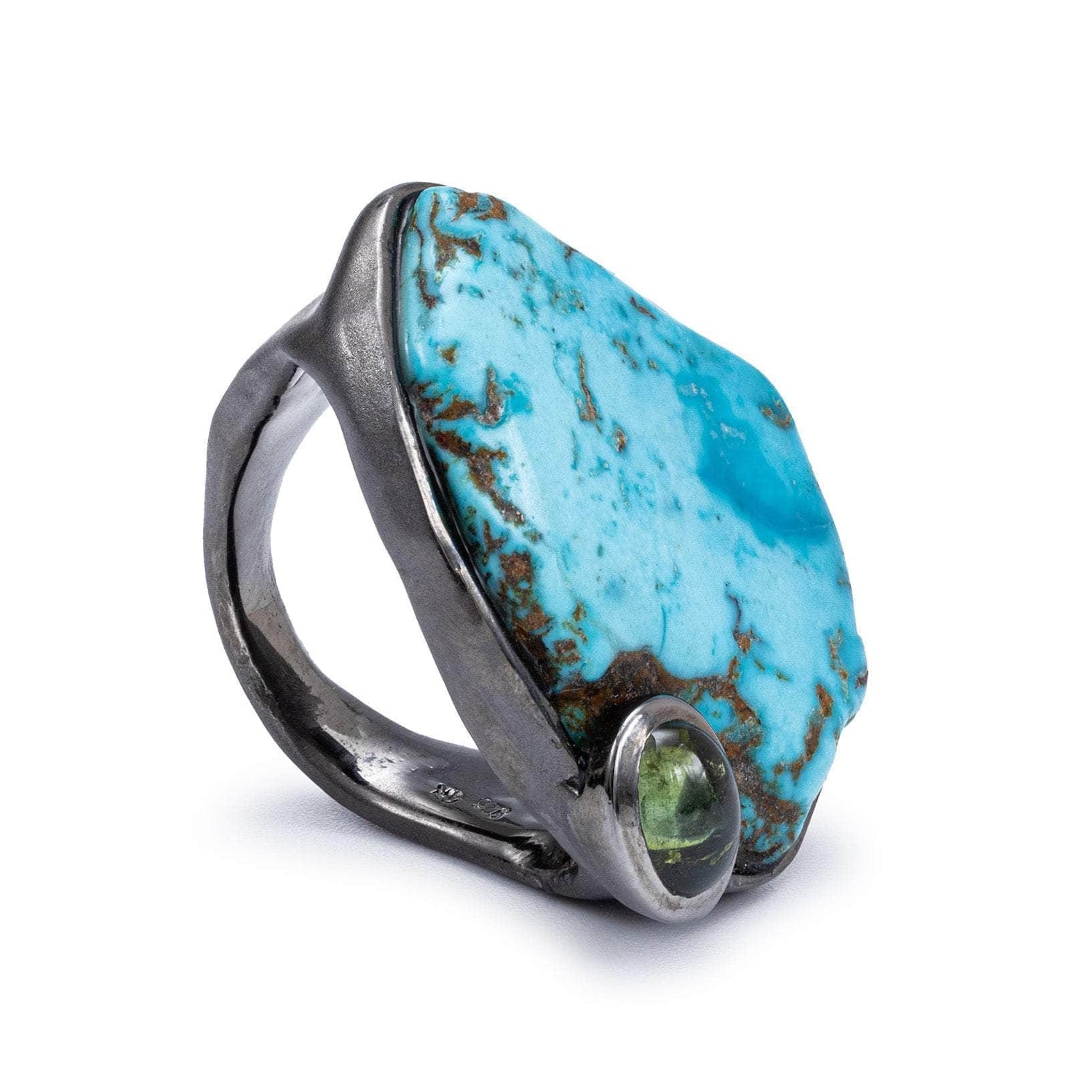Aarde Black 925 Silver Ring with Rough Turquoise & Green Tourmaline