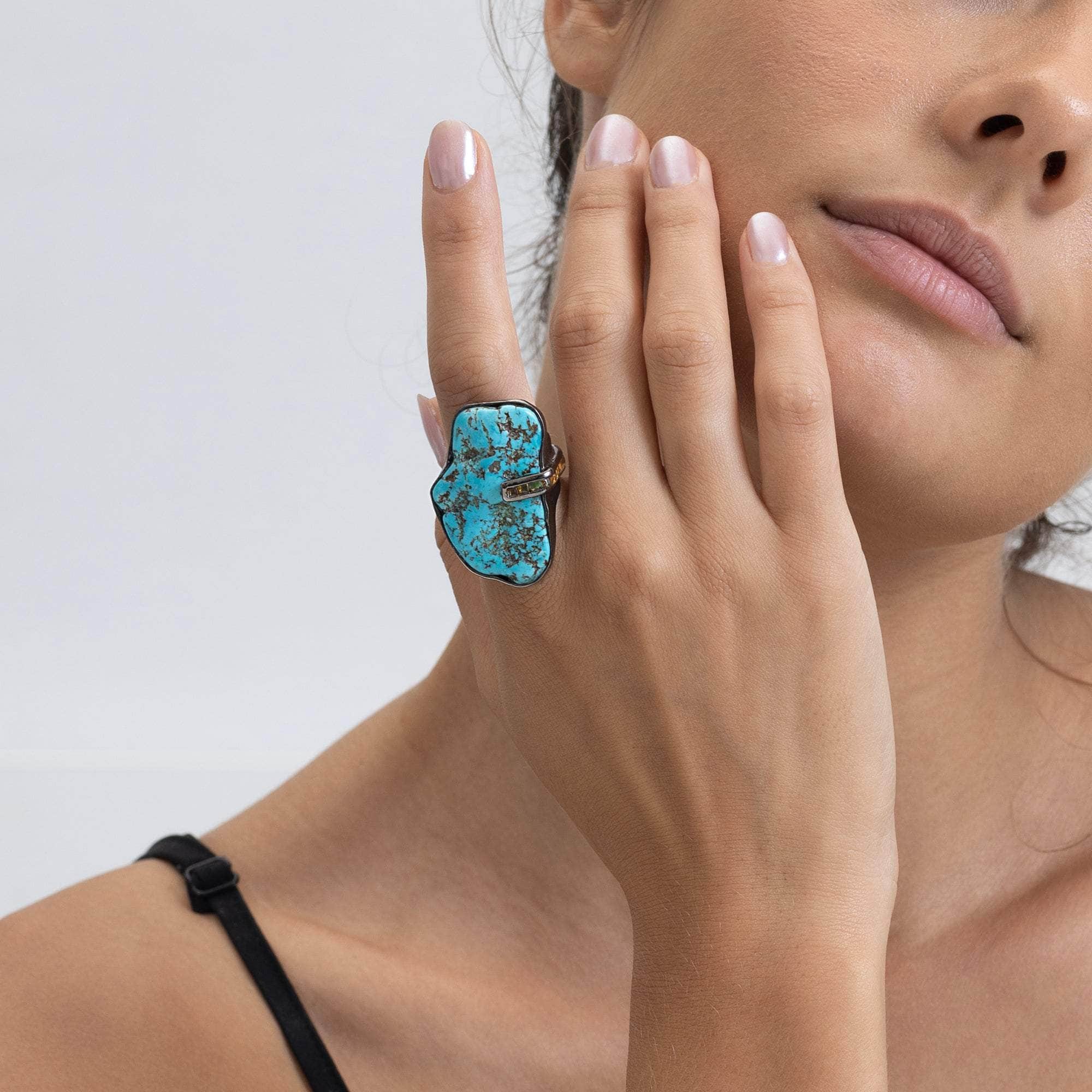 Erde Rough Turquoise and Sapphire Ring