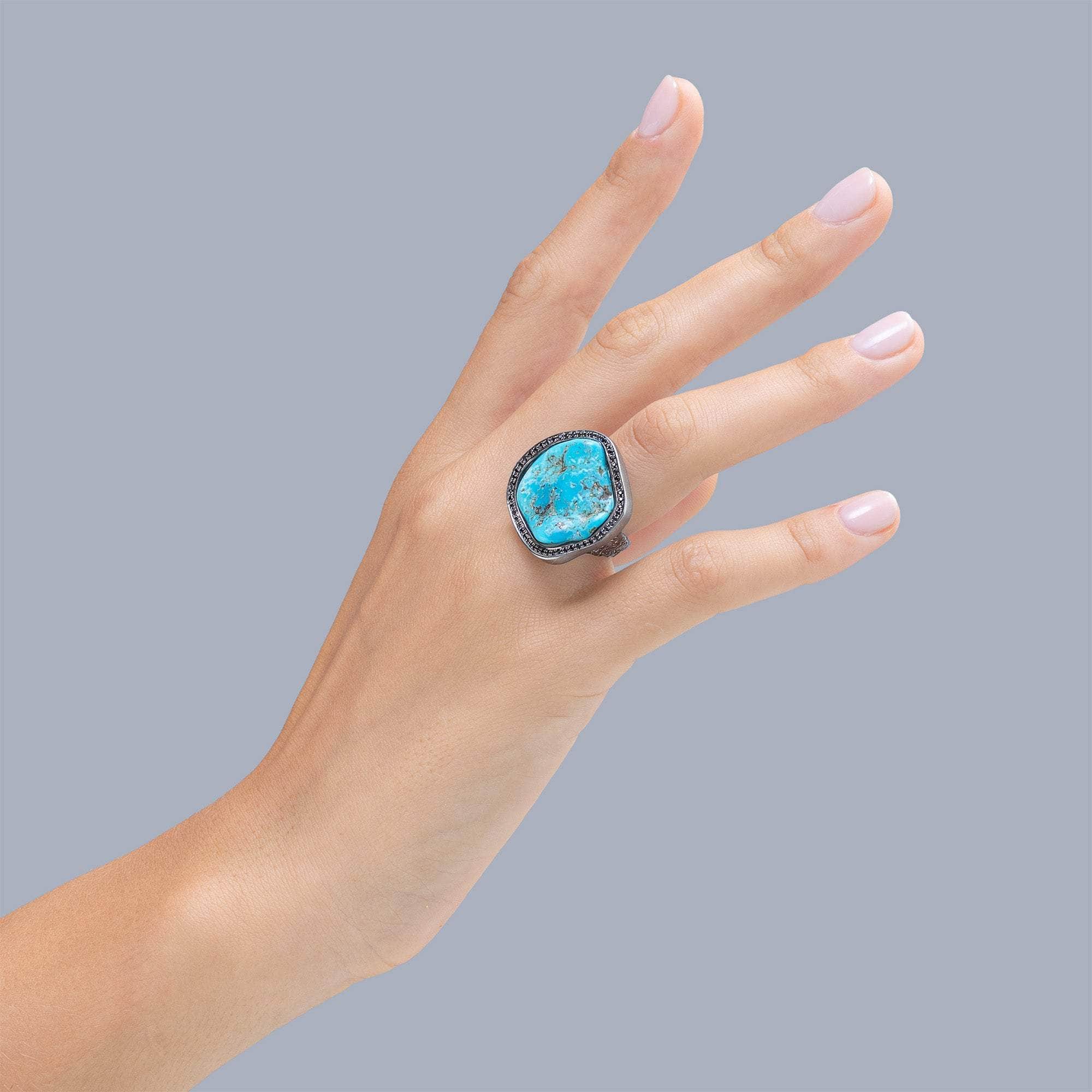 Pinos Statement Singular Chunky Rough Turquoise and Spinel Ring in 925 Sterling Silver
