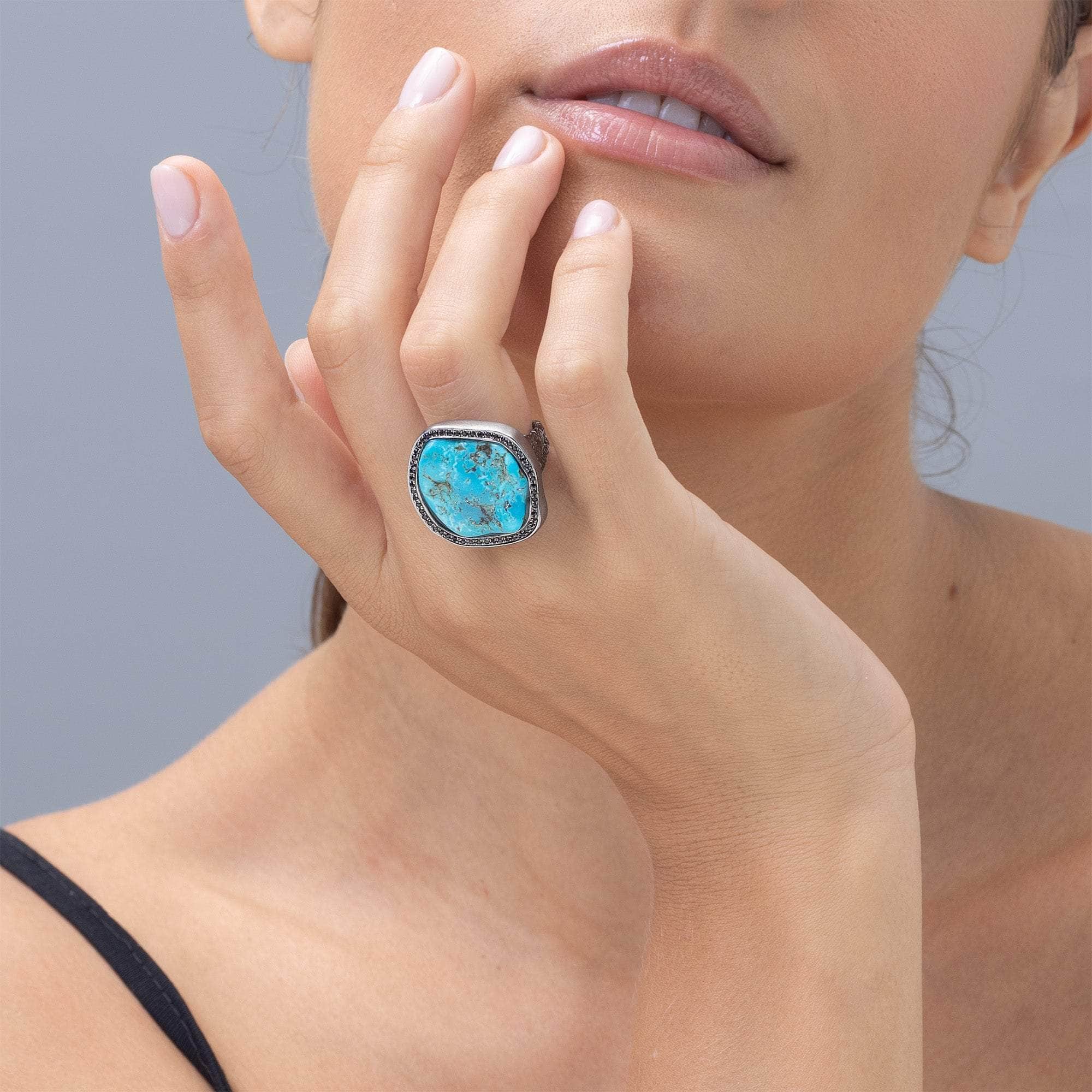 Pinos Statement Singular Chunky Rough Turquoise and Spinel Ring in 925 Sterling Silver