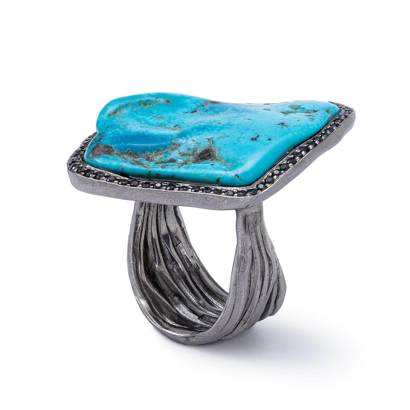 Dirce Statement Singular Design Rough Turquoise and Black Spinel Ring in 925 Silver