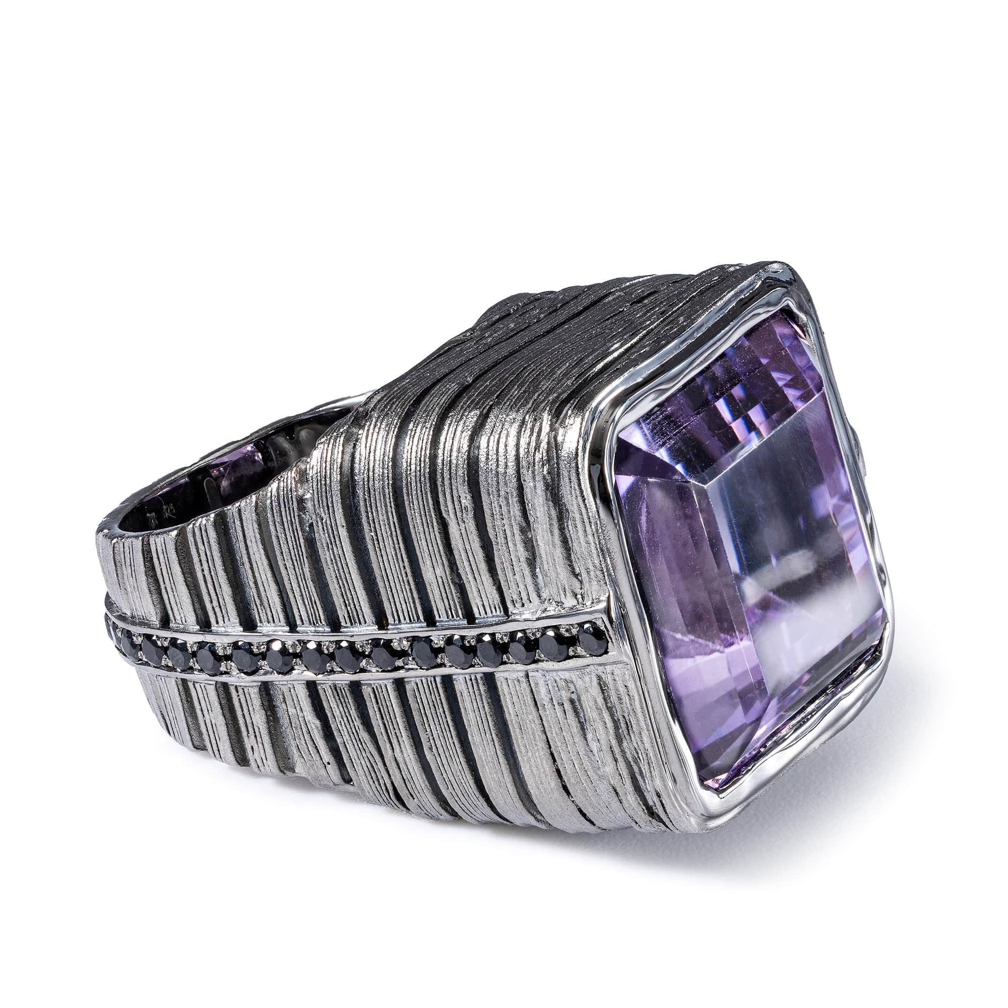 Liron Singular Edition Sterling Silver Signet Ring With Amethyst & Black Spinel