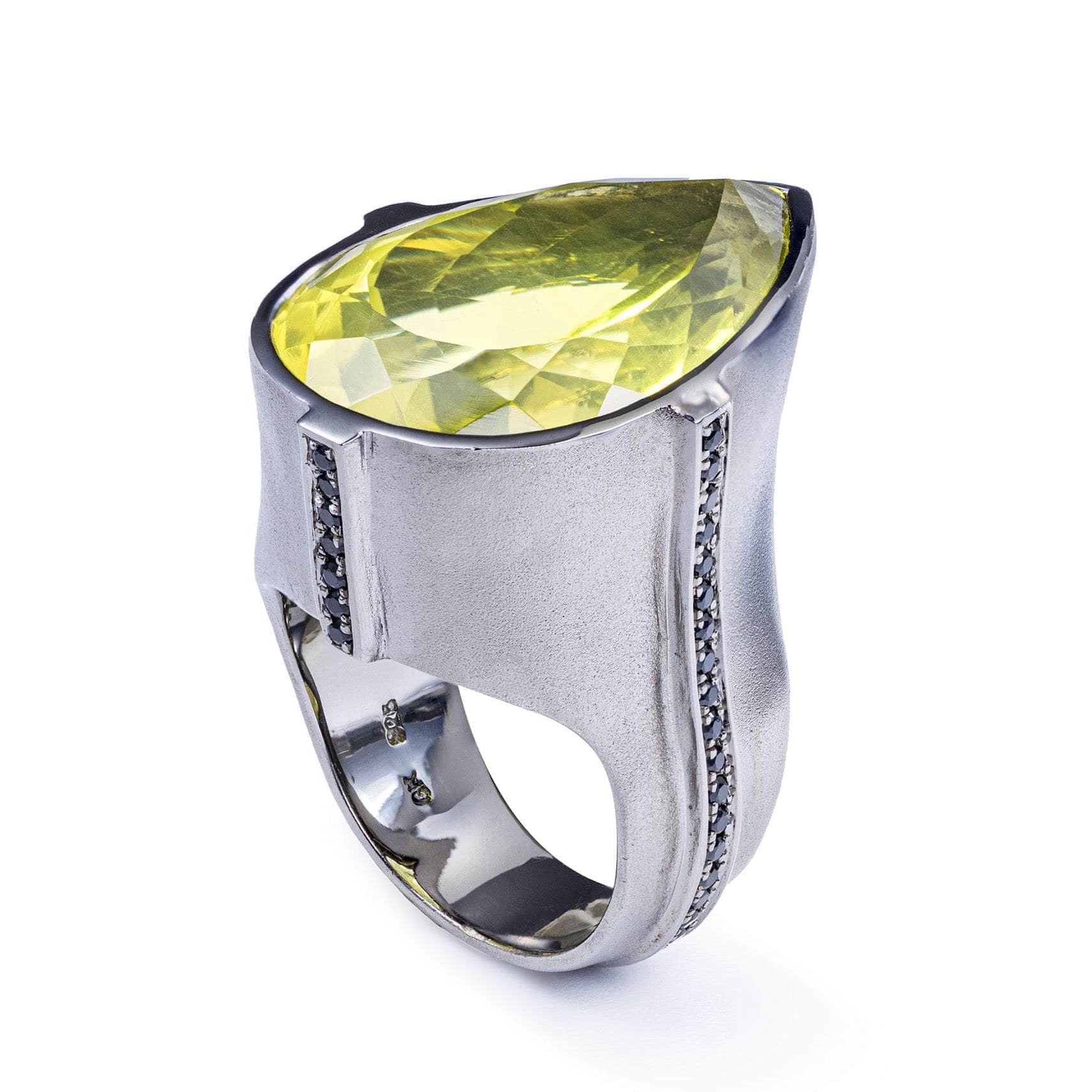 Sylph Statement 925 Sterling Silver Singular Ring with Lemon Quartz & Black Spinel