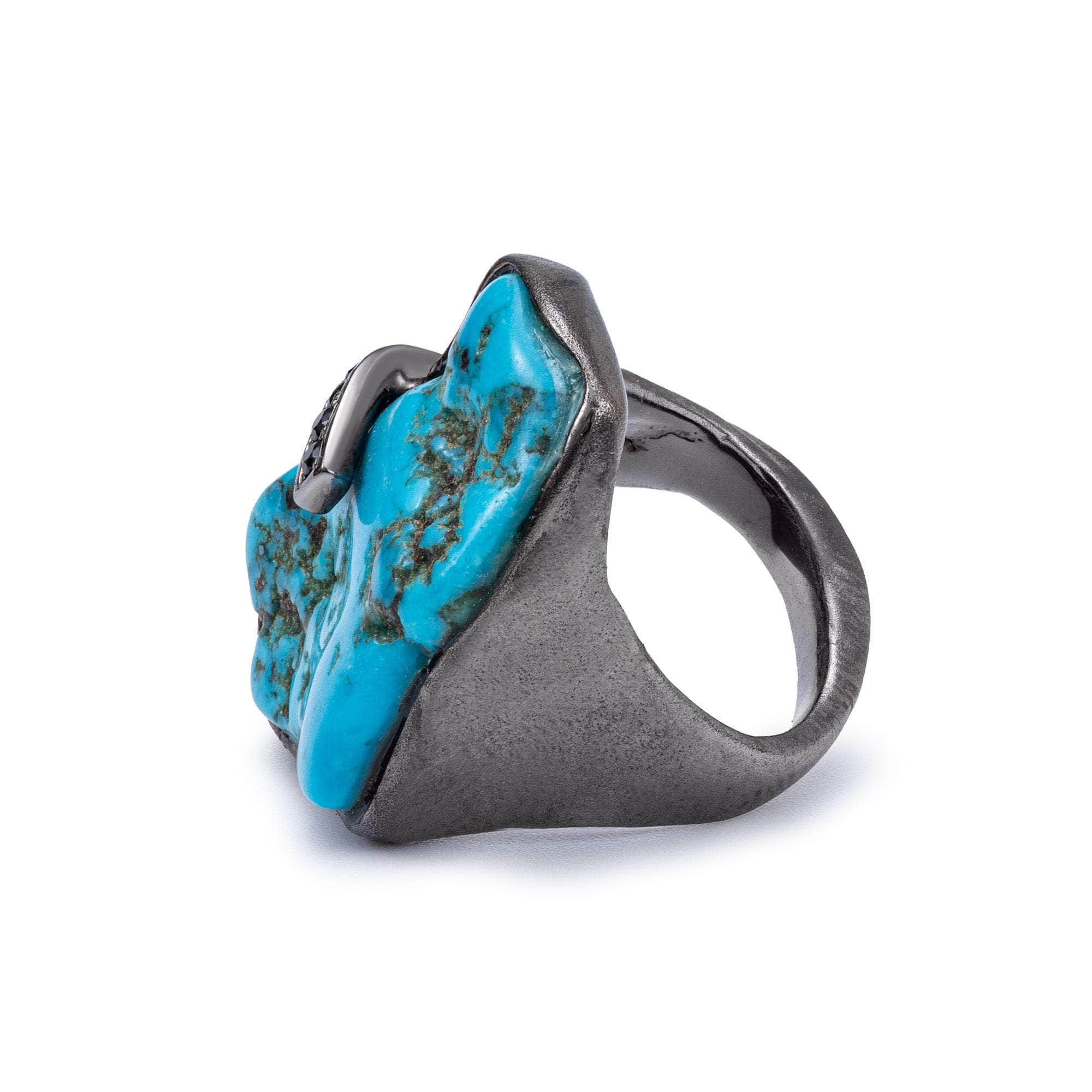 Eg Statement Rough Turquoise & Black Spinel Ring in 925 Sterling Silver Plated with Black Rhodium