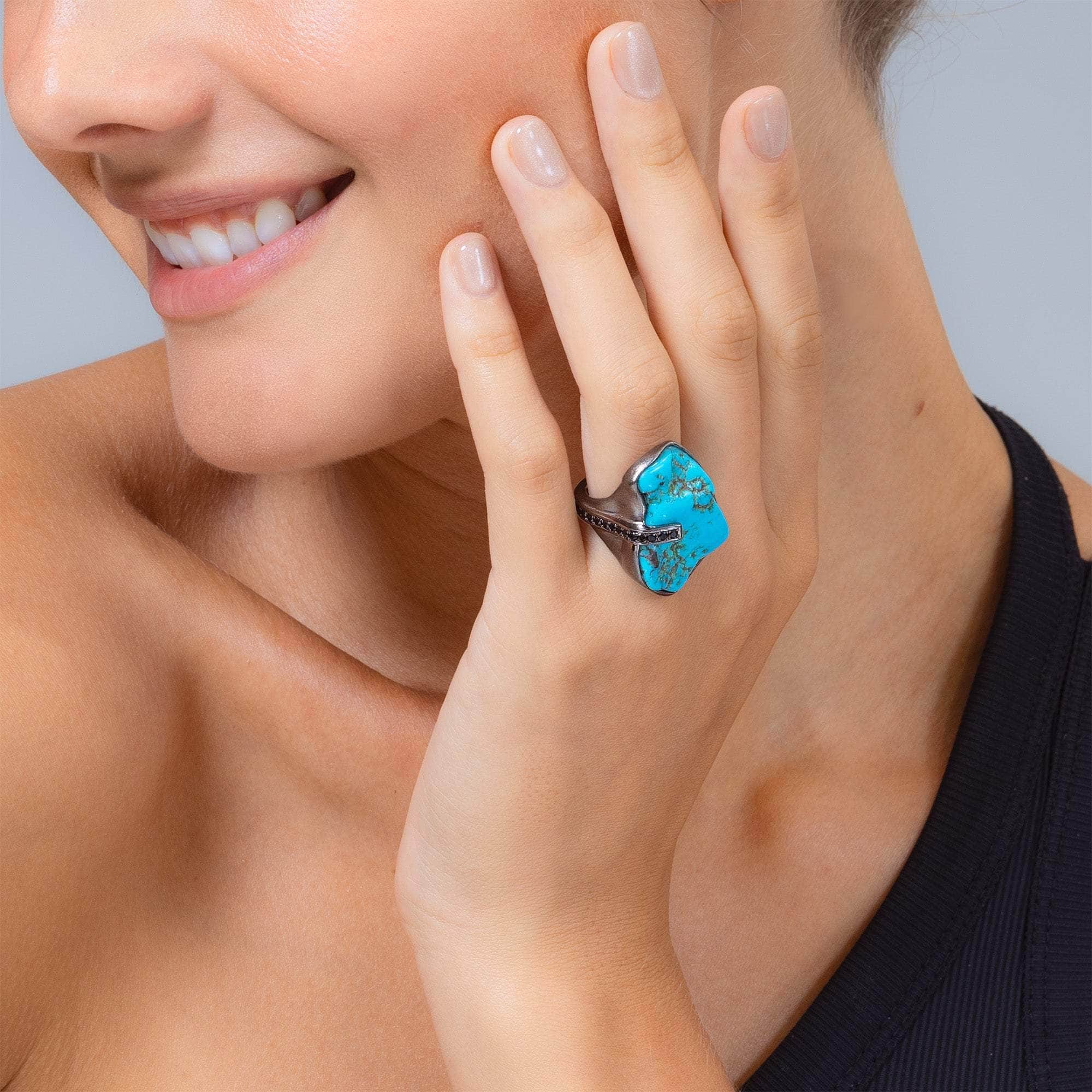 Eg Statement Rough Turquoise & Black Spinel Ring in 925 Sterling Silver Plated with Black Rhodium
