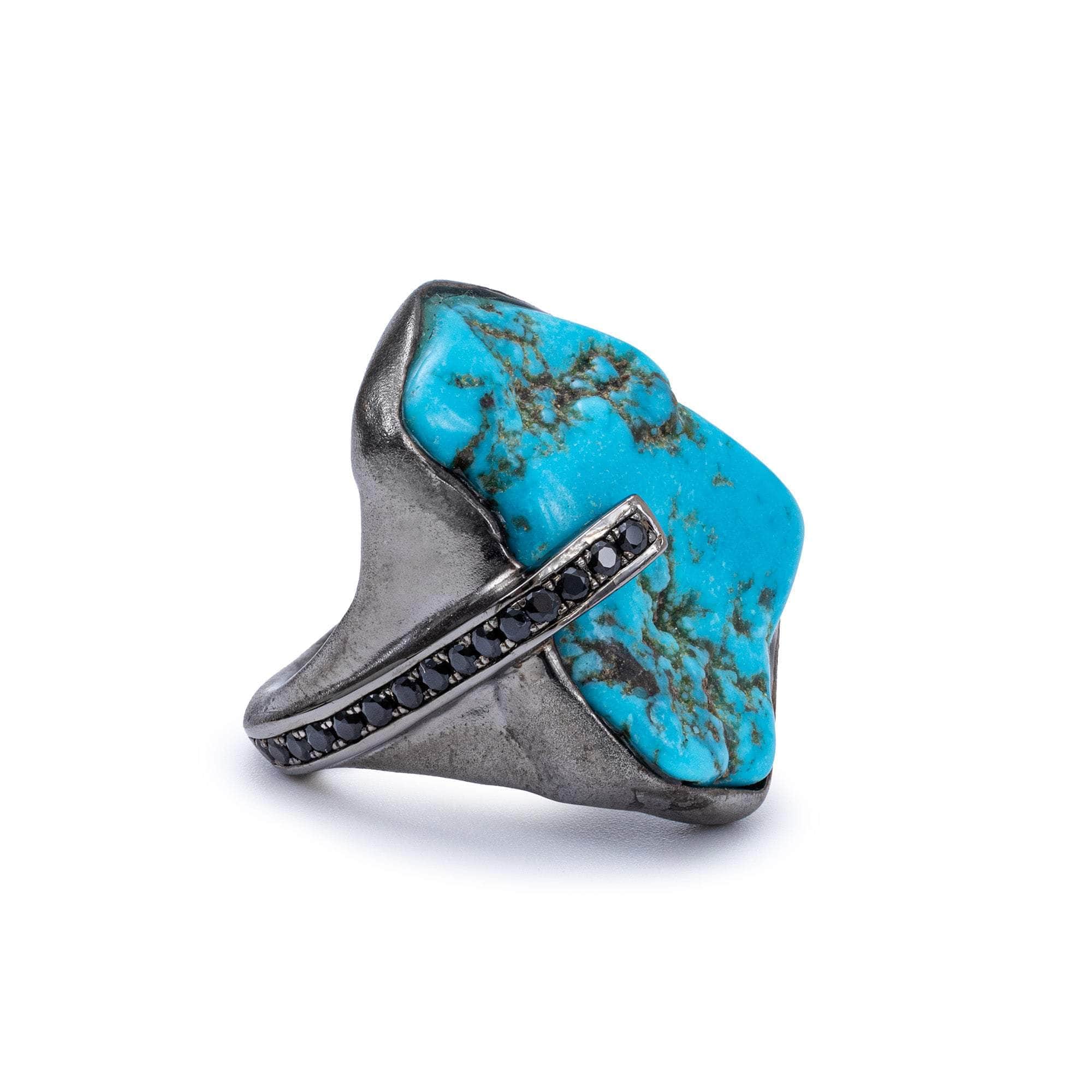 Eg Statement Rough Turquoise & Black Spinel Ring in 925 Sterling Silver Plated with Black Rhodium
