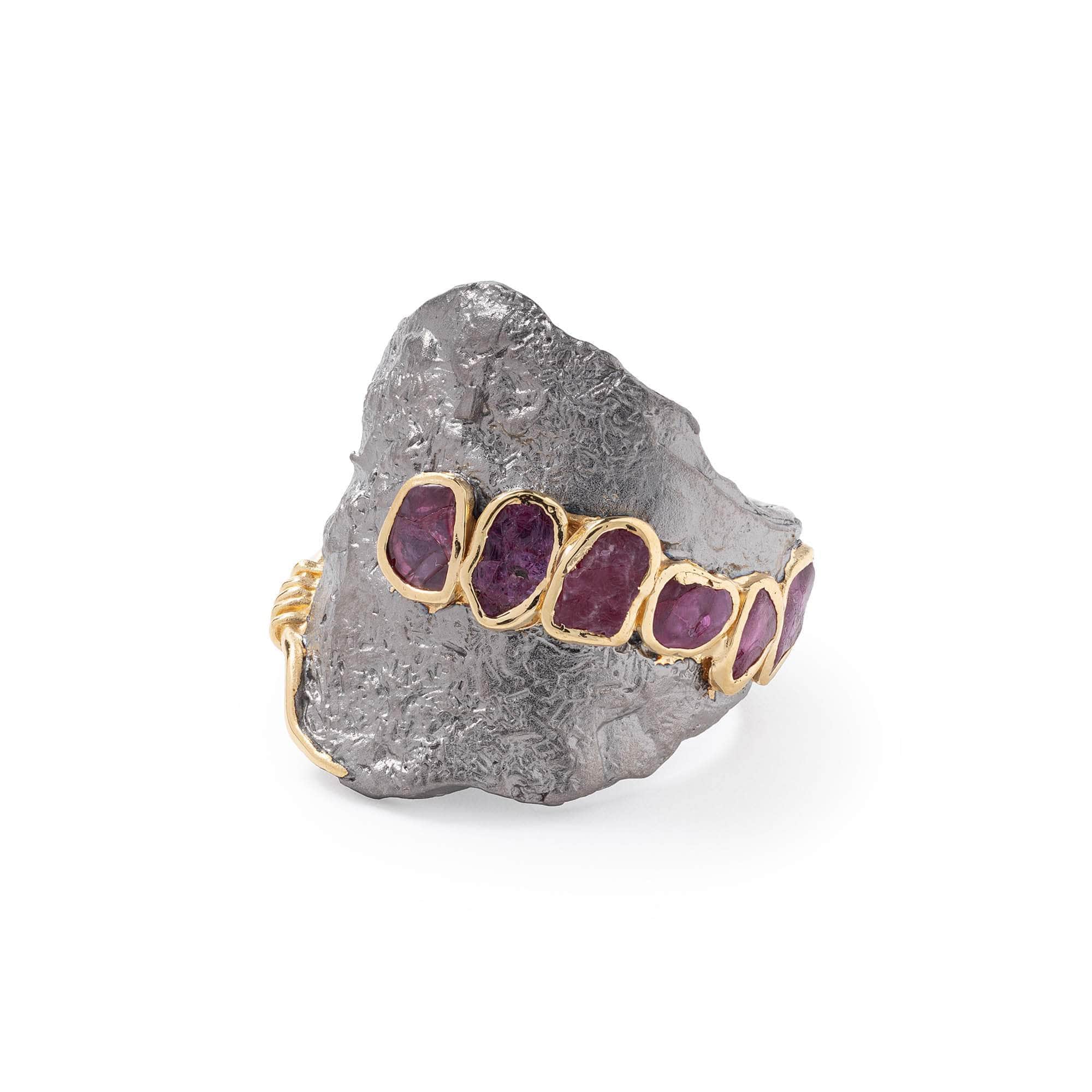 Pele Iconic Design Handcrafted Raw Ruby Ring in 925 Sterling Silver (Black Rhodium & 18K Gold)