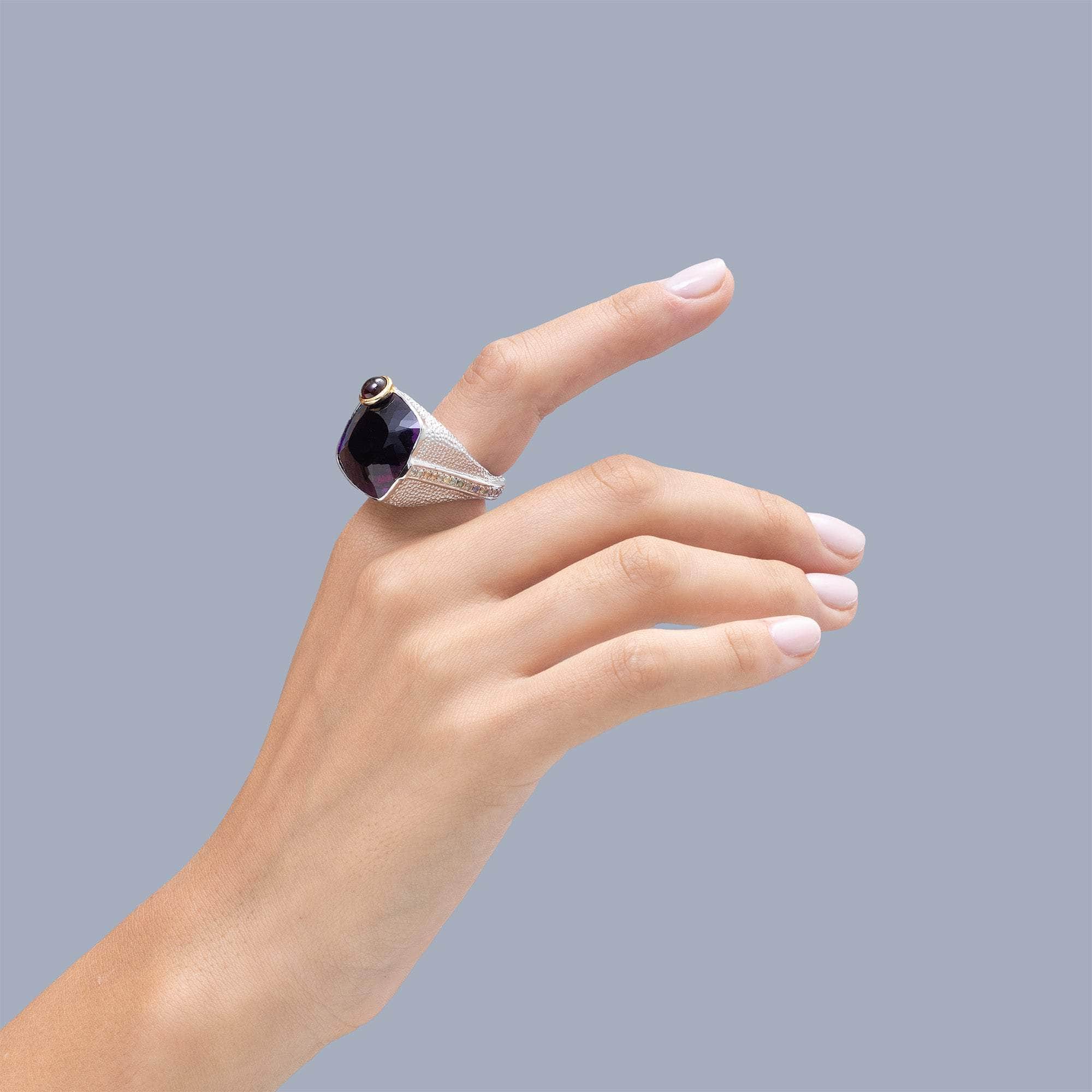Lesath Textured  925 Silver Ring with Amethyst, Tourmaline & Sapphire