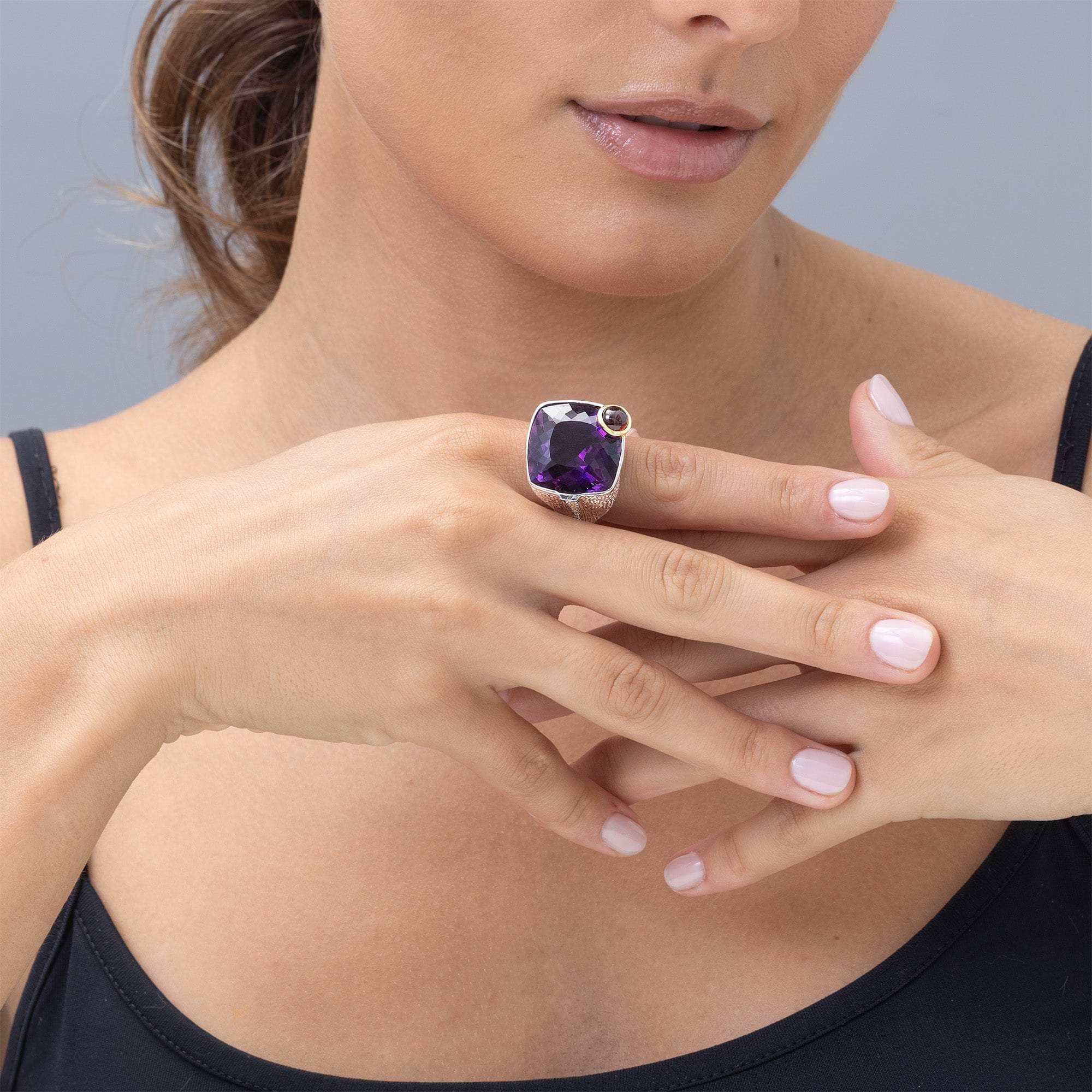 Lesath Textured  925 Silver Ring with Amethyst, Tourmaline & Sapphire