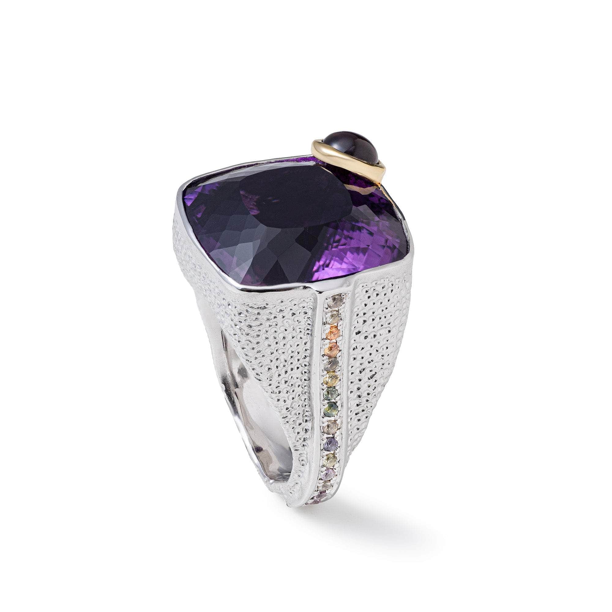 Lesath Textured  925 Silver Ring with Amethyst, Tourmaline & Sapphire