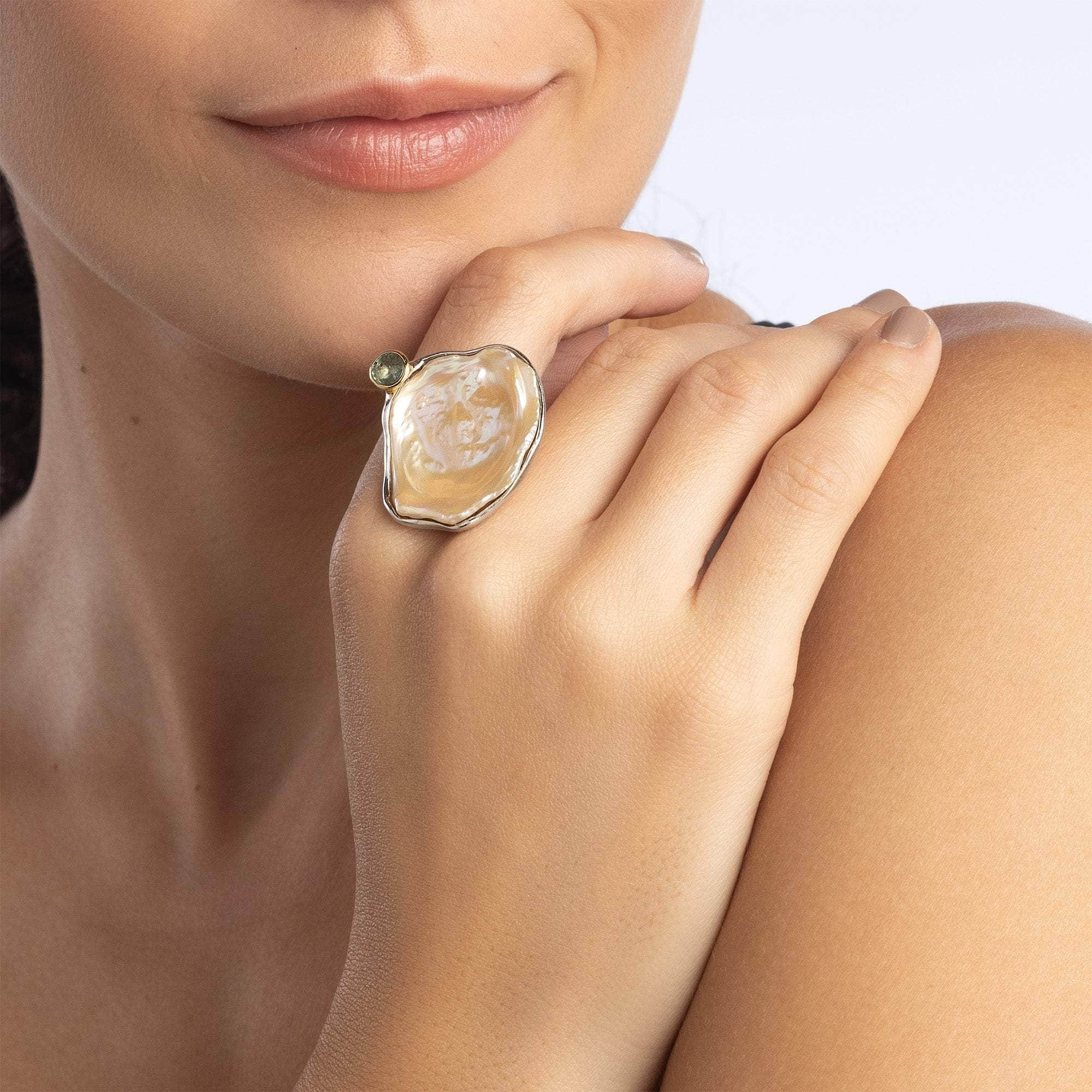 Alecto Baroque Pearl and Sapphire Ring