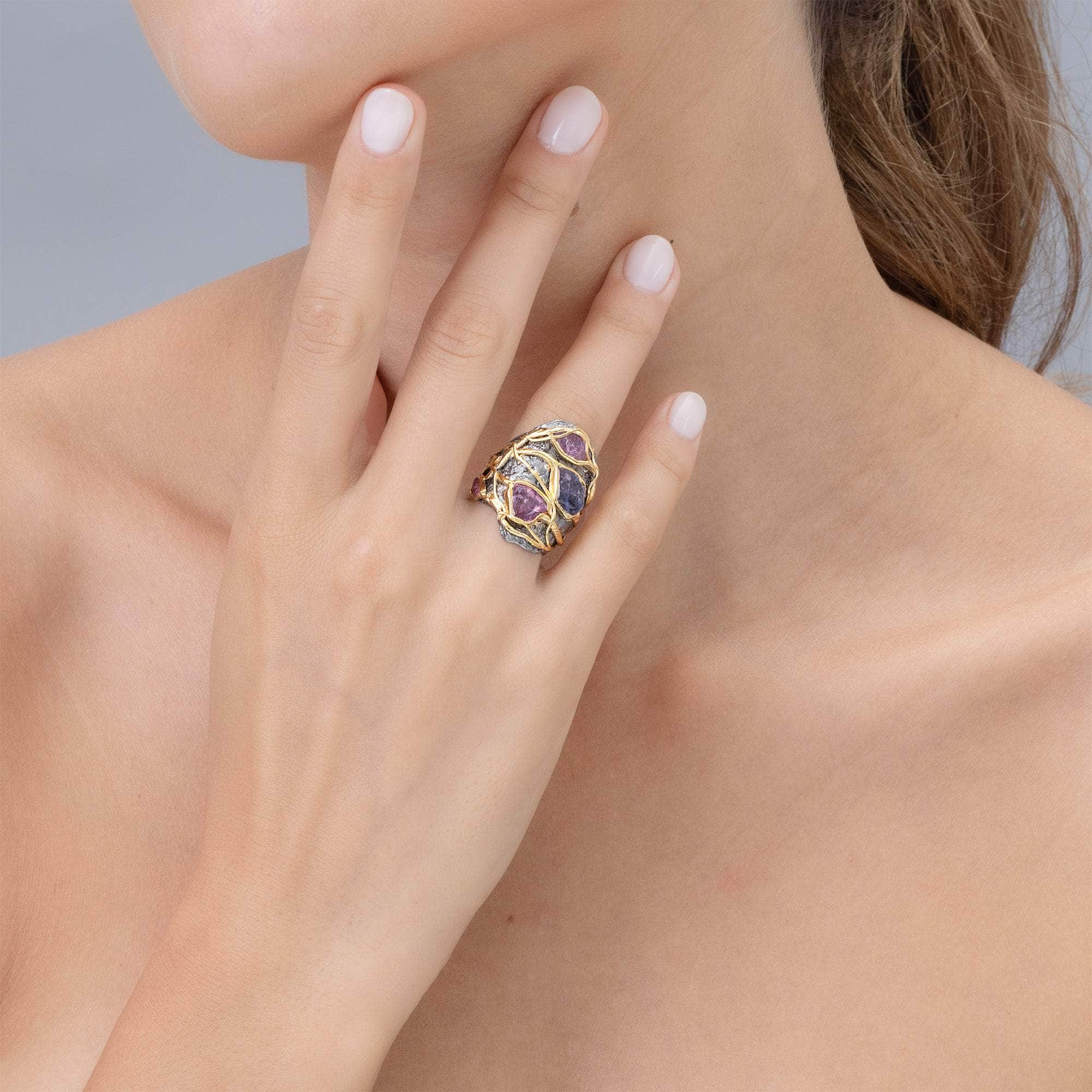 Kappa Singular Edition Organic Raw Spinel Ring in 925 Sterling Silver Black Rhodium and Gold-Plated