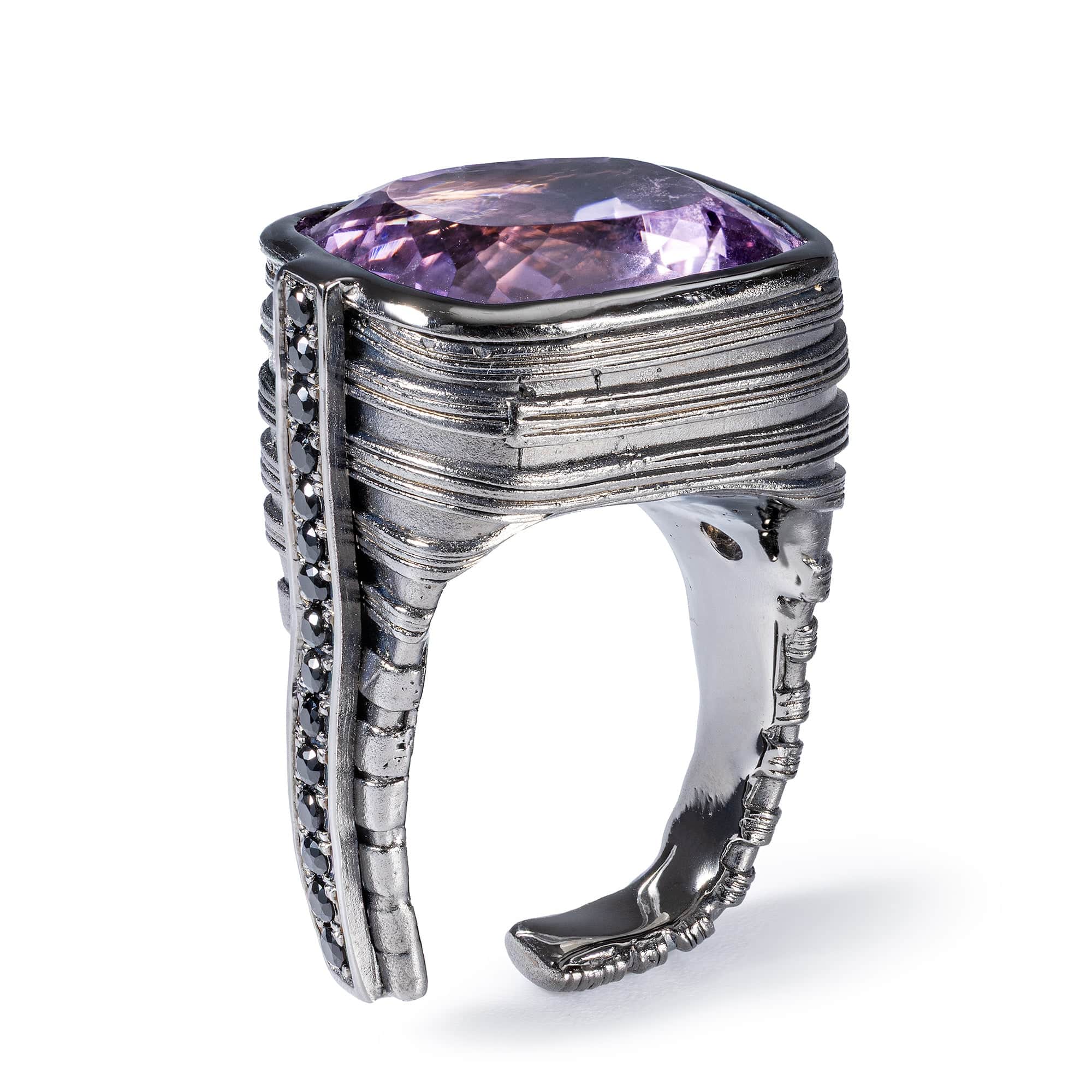 Jabbah Singular Edition Sterling Silver Ring With Amethyst & Black Spinel