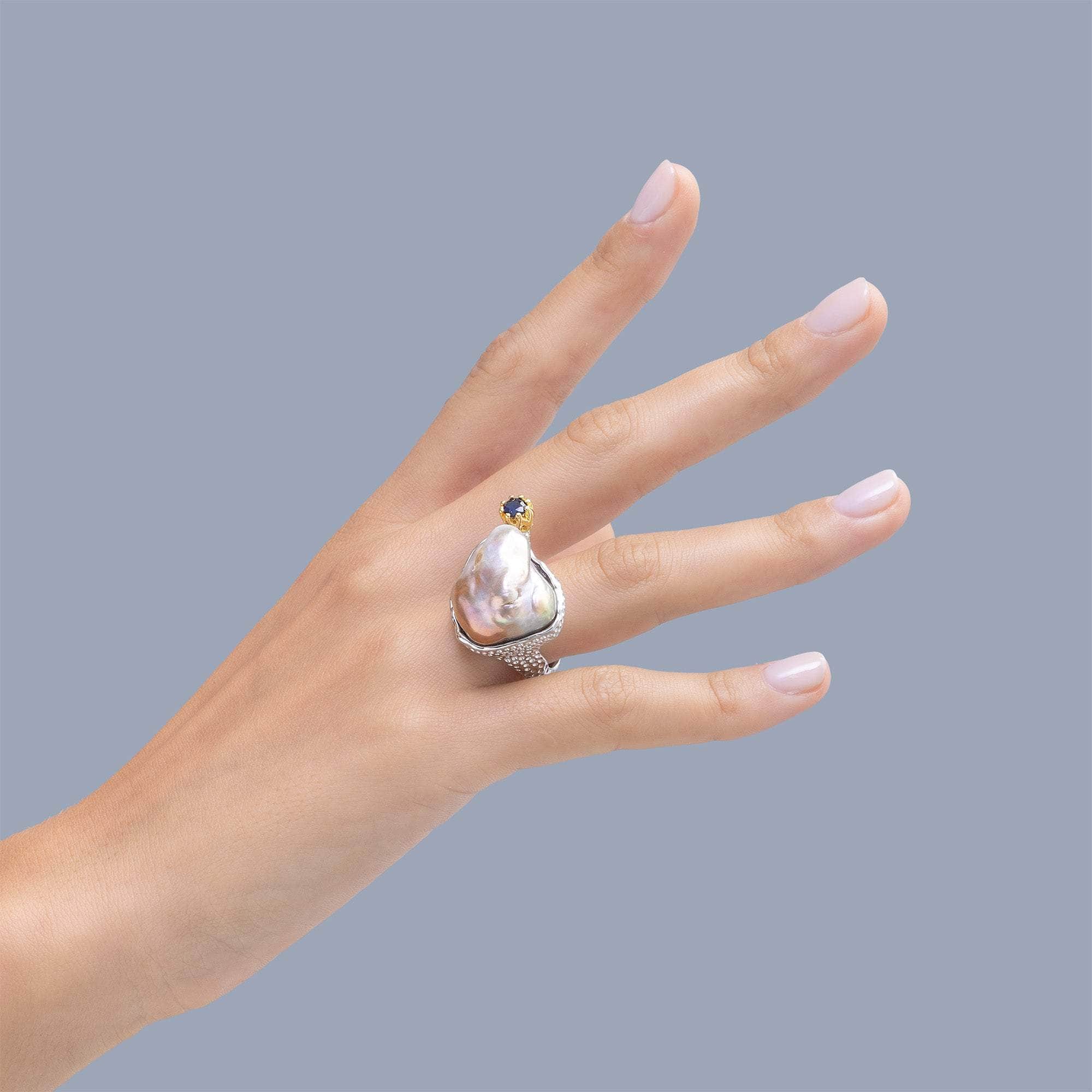 Salween Textured Silver Ring with Natural Baroque Pearl and Blue Ring
