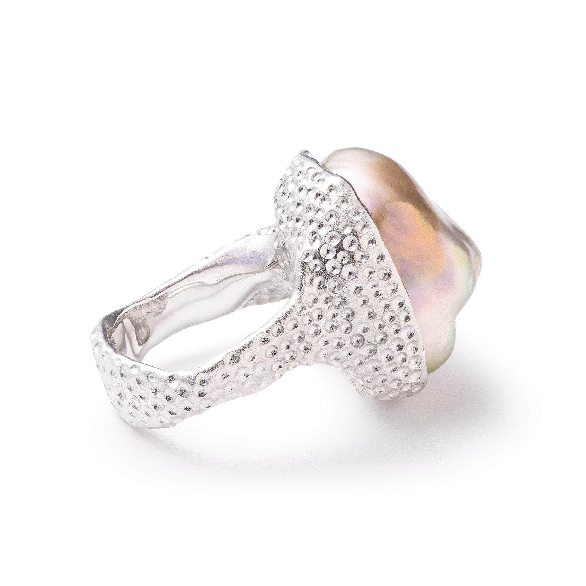 Salween Textured Silver Ring with Natural Baroque Pearl and Blue Ring