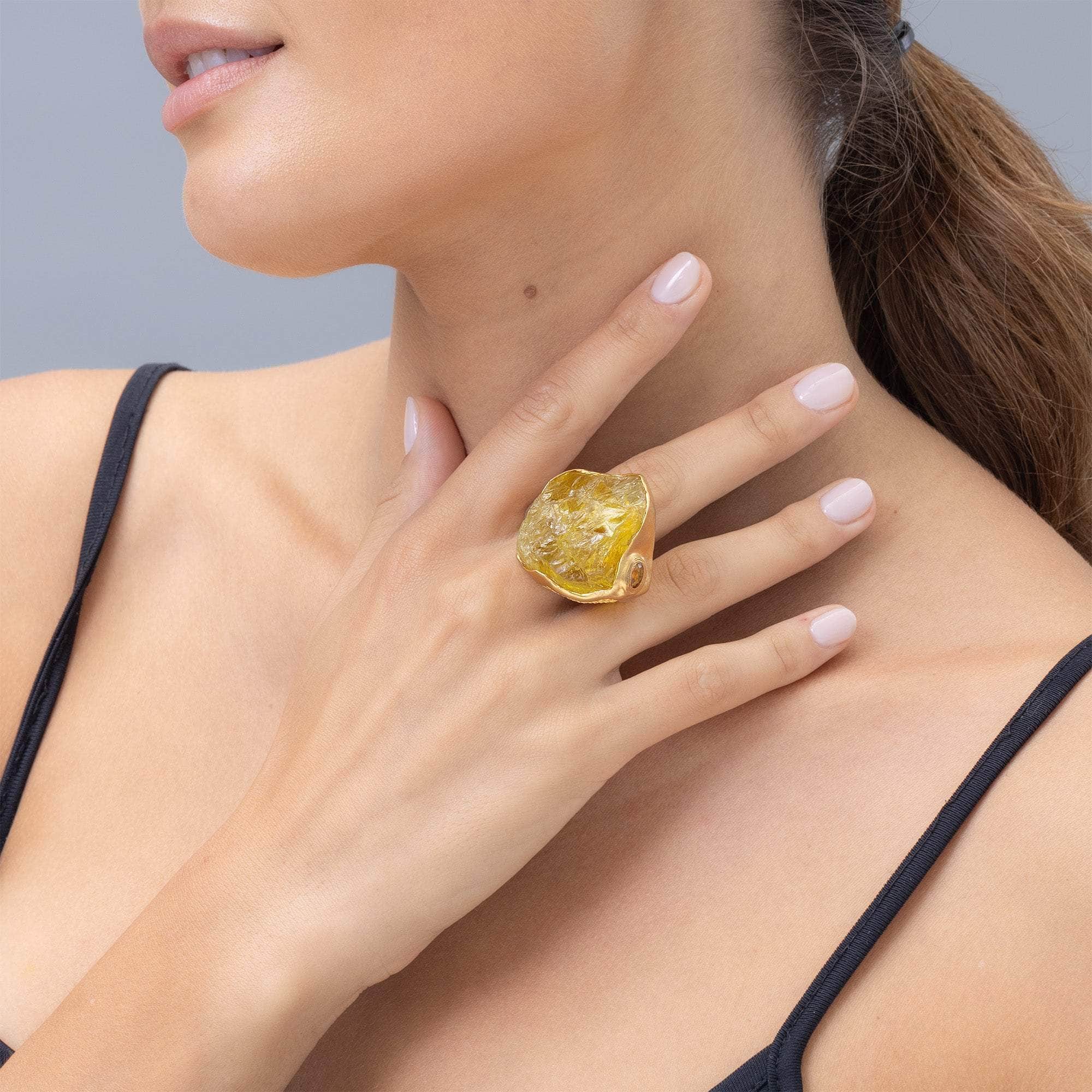 Edasich Rough Lemon Quartz and Sapphire Ring