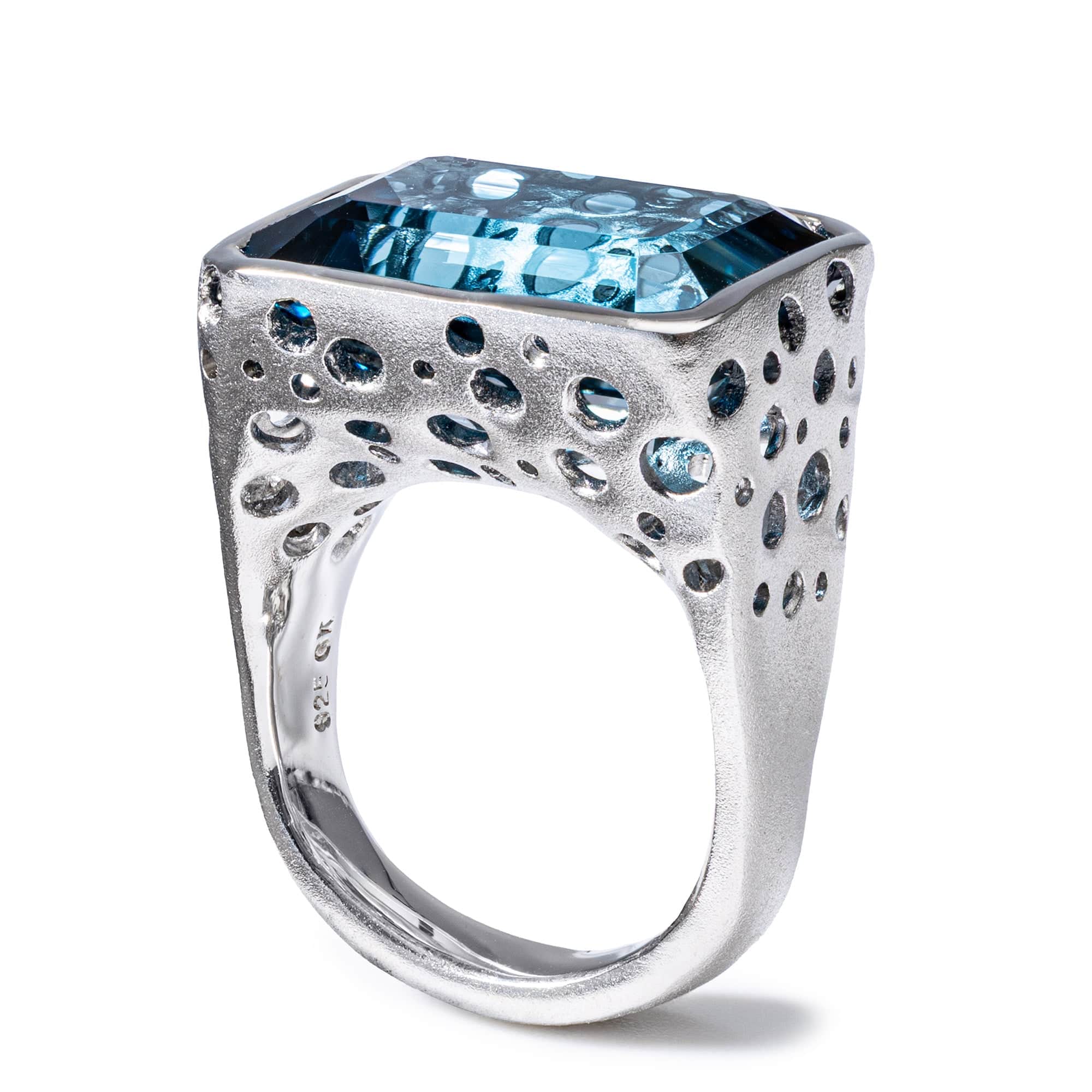 Huron Singular Edition White Rhodium-Plated Sterling Silver Ring With Blue Topaz