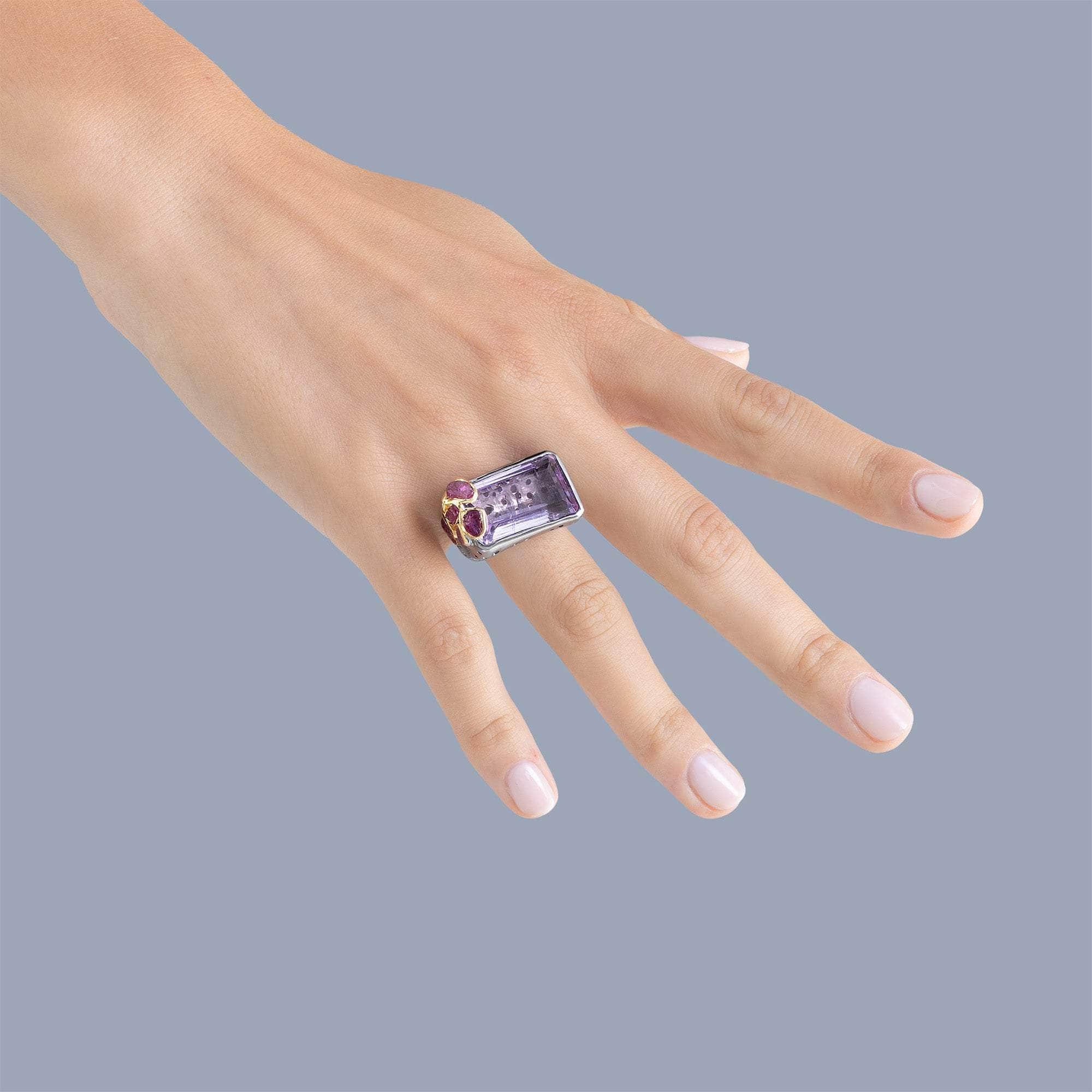 Saar Singular Edition Statemen Silver Ring with Amethyst & Rough Ruby