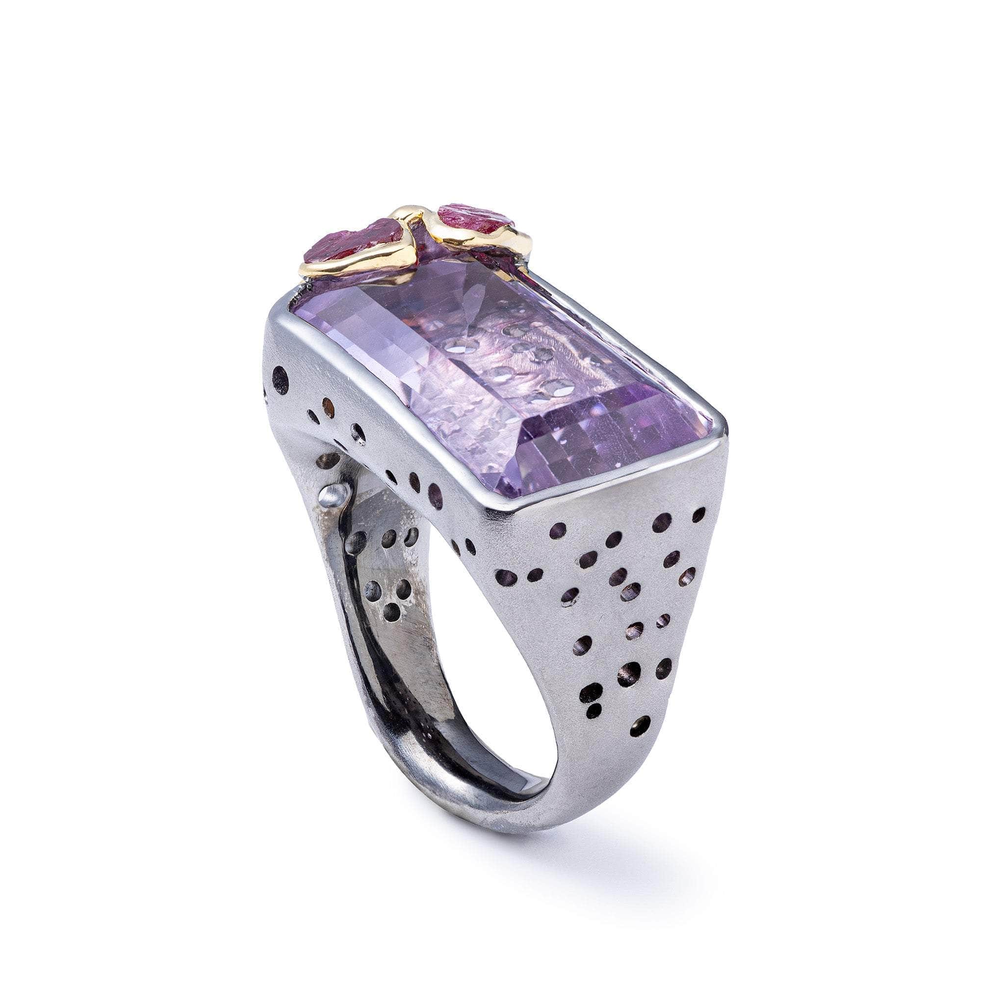 Saar Singular Edition Statemen Silver Ring with Amethyst & Rough Ruby