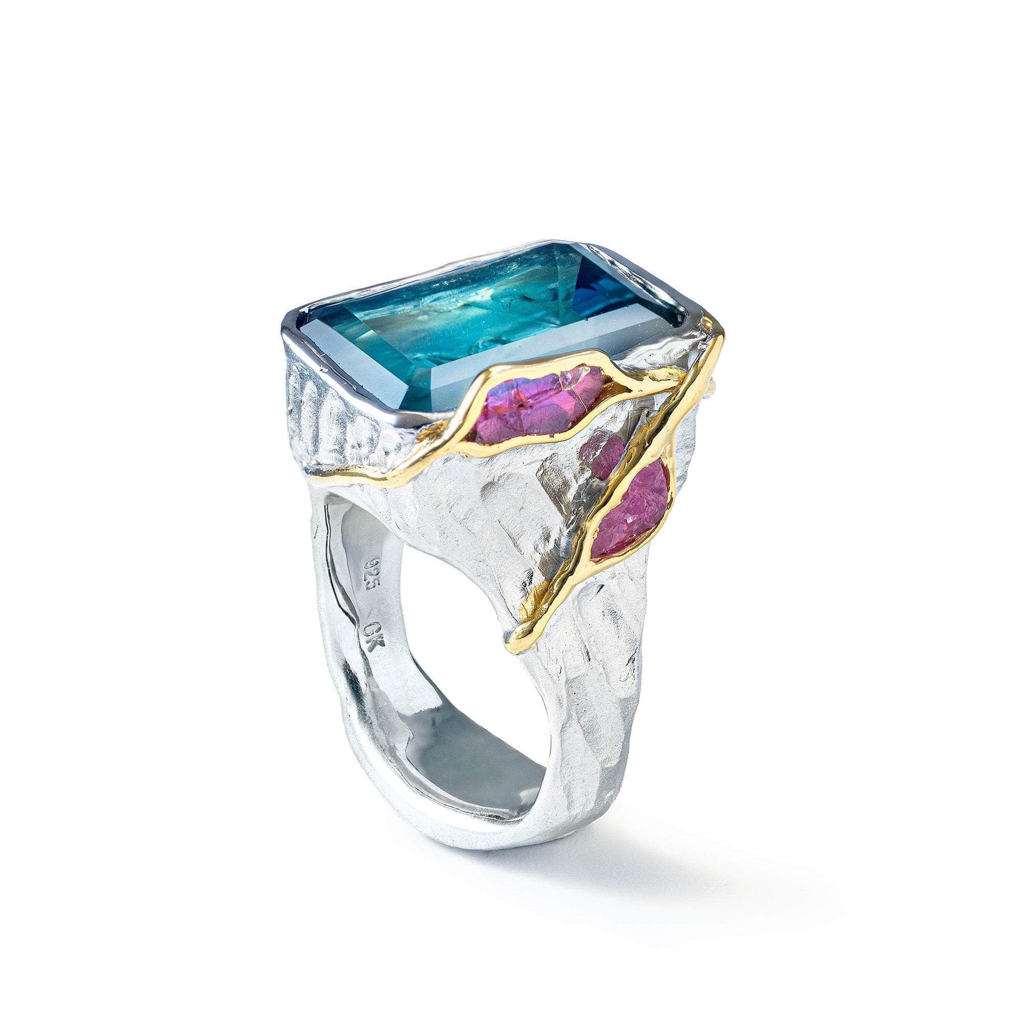 Ludger Blue Topaz and Rough Ruby Ring