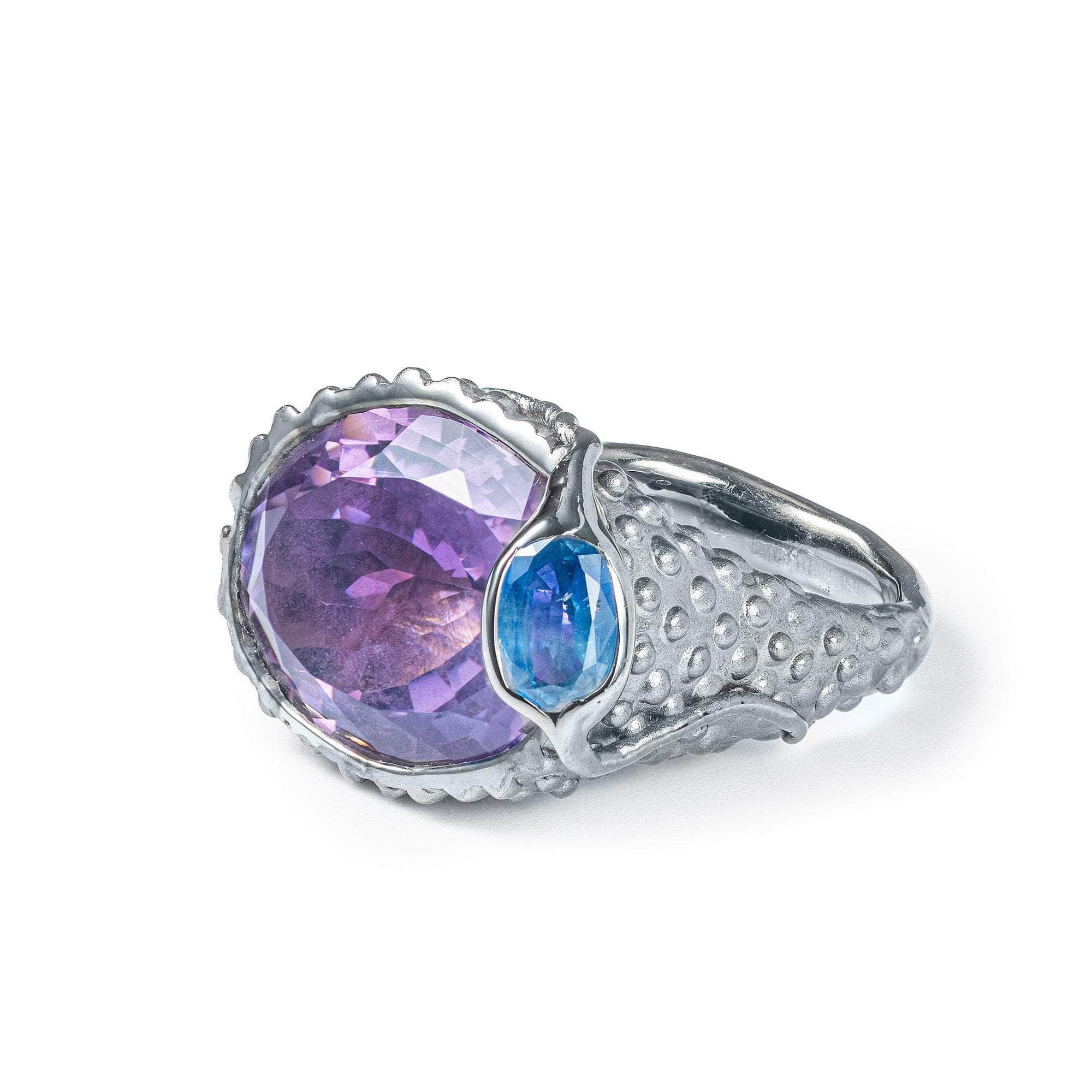 Nonna Singular Edition Textured Silver Ring with  Amethyst & Blue Sapphire