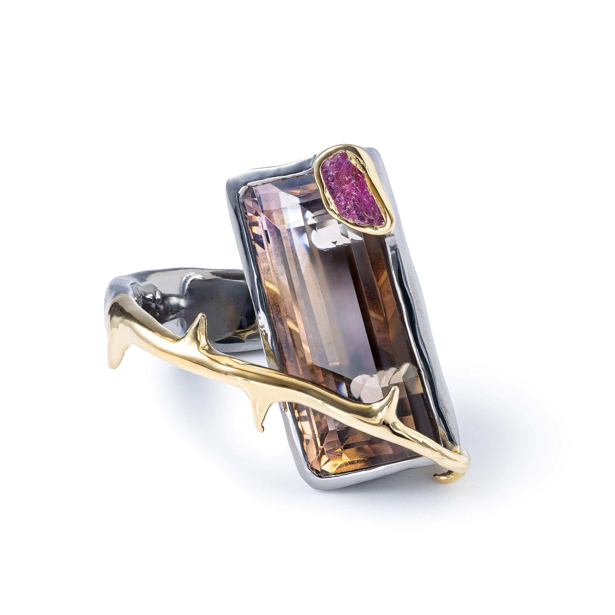 Odra Singular Edition Ametrine & Raw Ruby Ring with Thorny Plant Motif