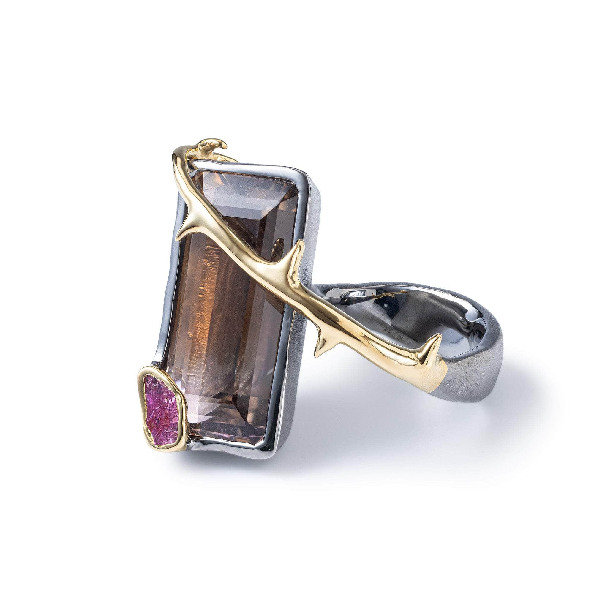 Odra Singular Edition Ametrine & Raw Ruby Ring with Thorny Plant Motif