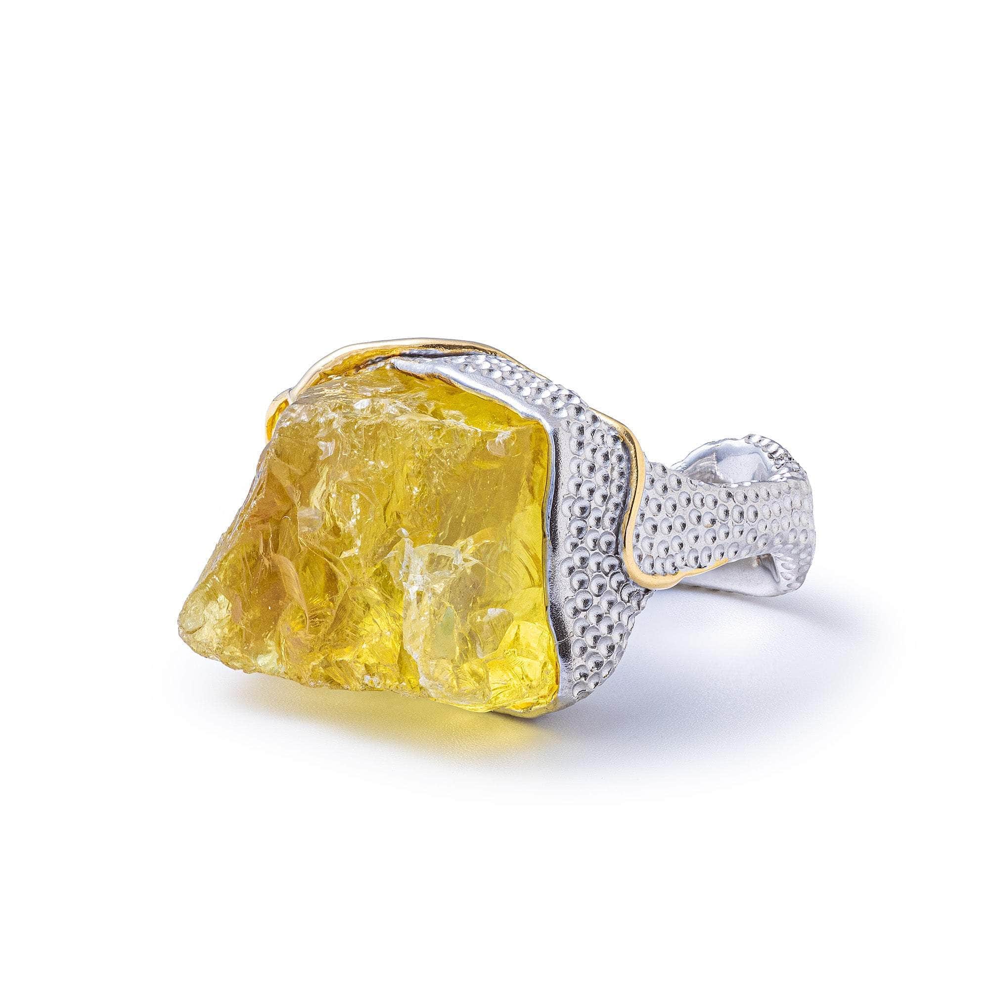 Etna Signature Design 925 Silver RIng with Rough Lemon Quartz & Sapphire