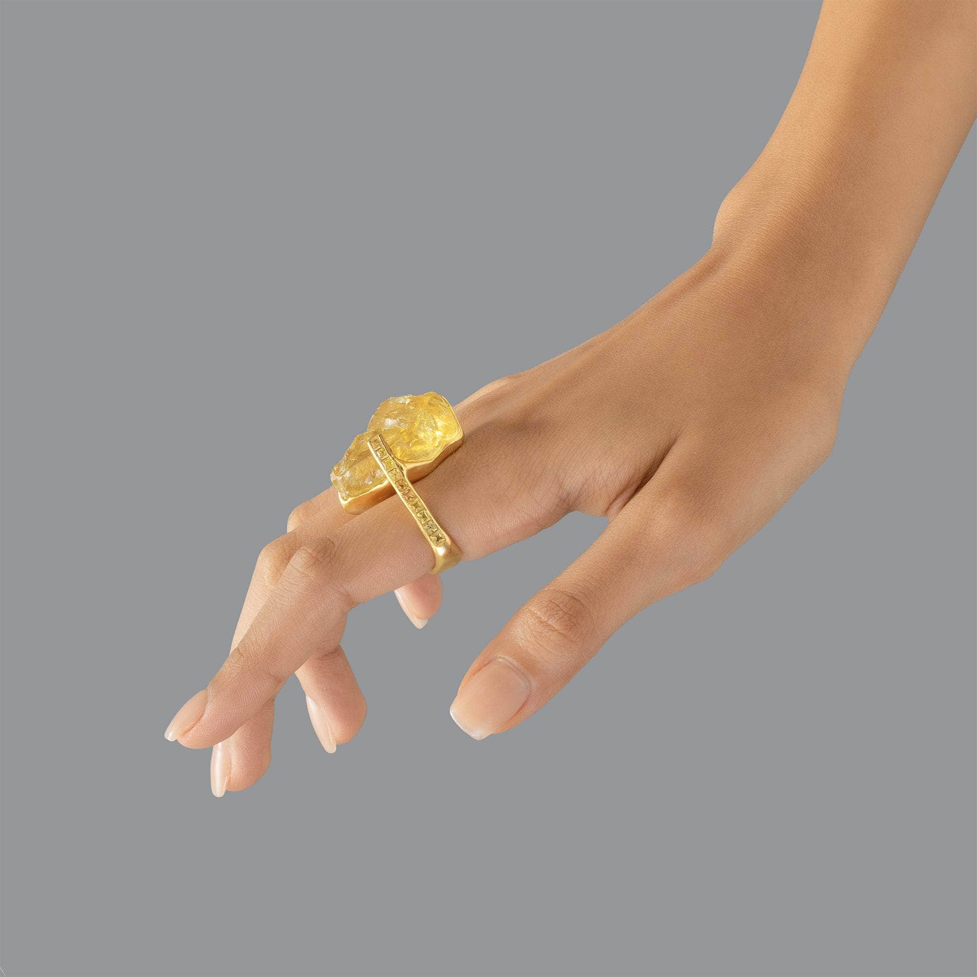 Arcturus Rough Lemon Quartz and Sapphire Ring