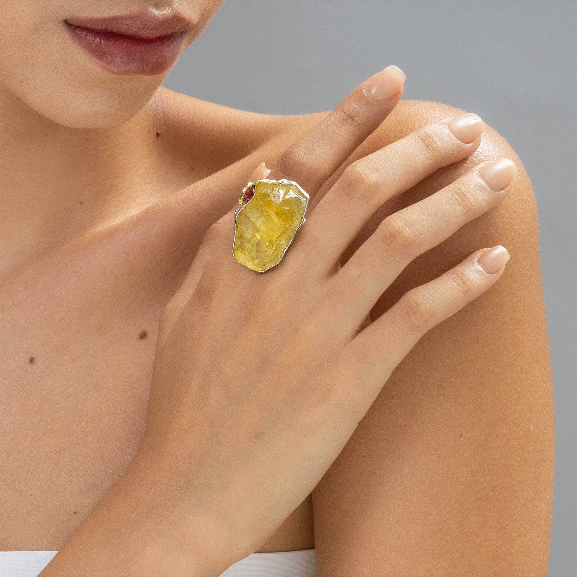 Spica Rough Lemon Quartz and Sapphire Ring