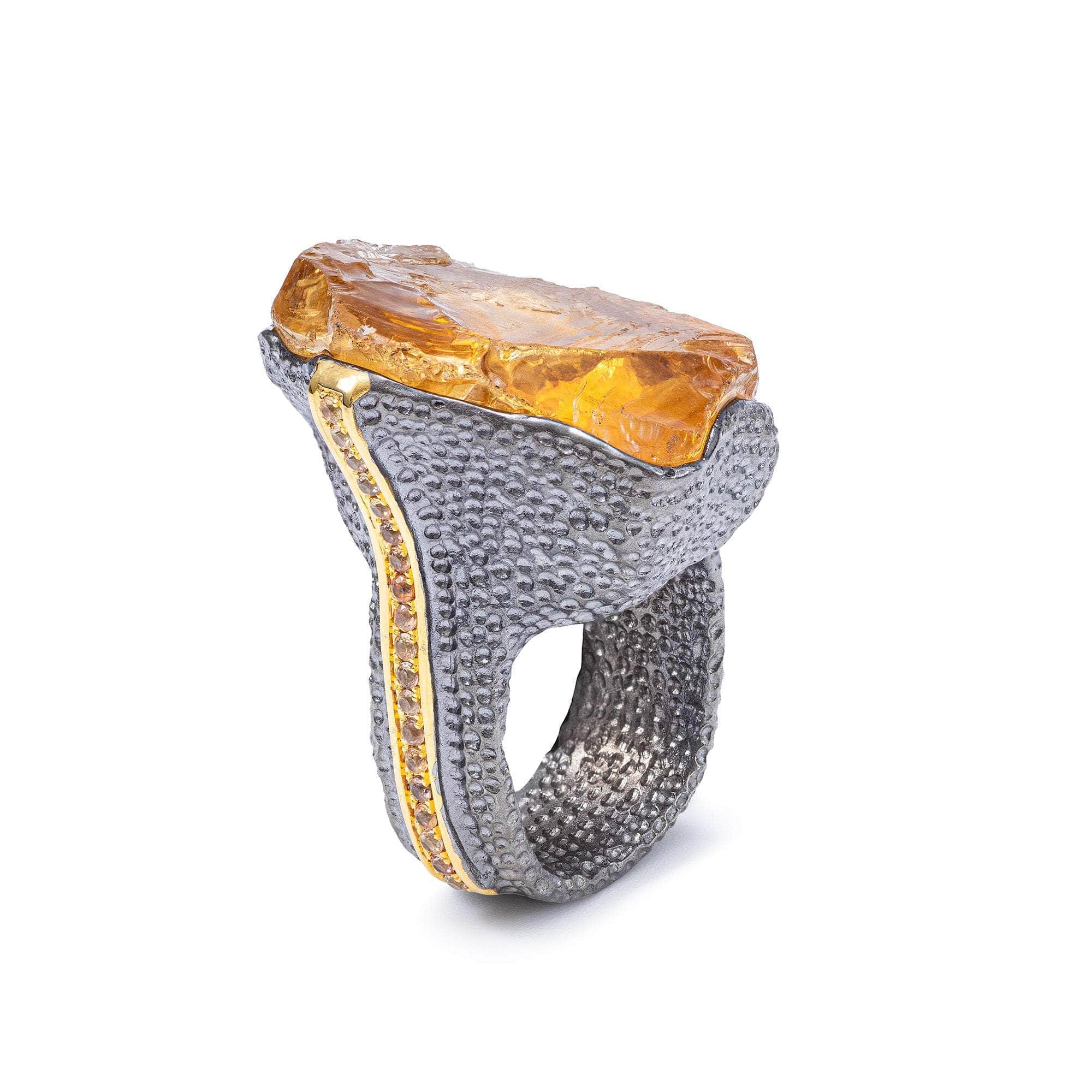 Mizar Handmade Textured 925 Silver Ring with Rough Citrine & Blue Sapphire