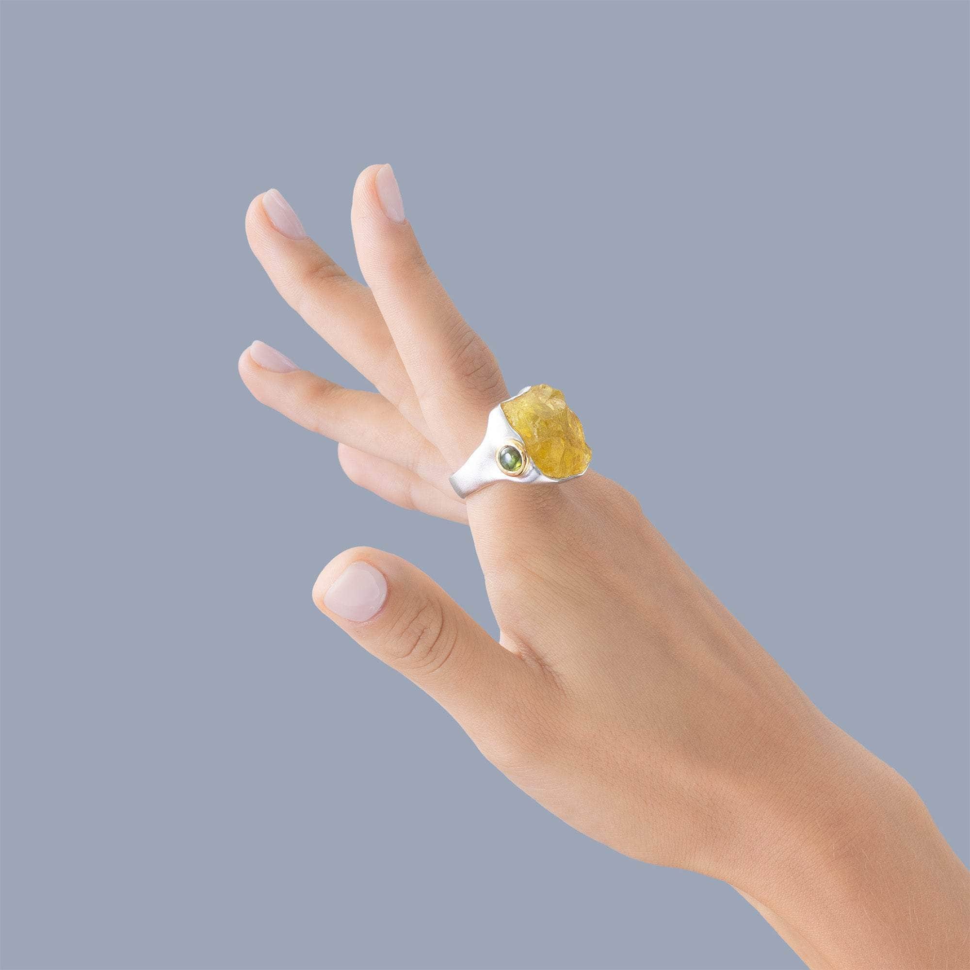 Furud Singular Edition Statement Ring with Rough Lemon Quartz and Tourmaline in Sterling Silver