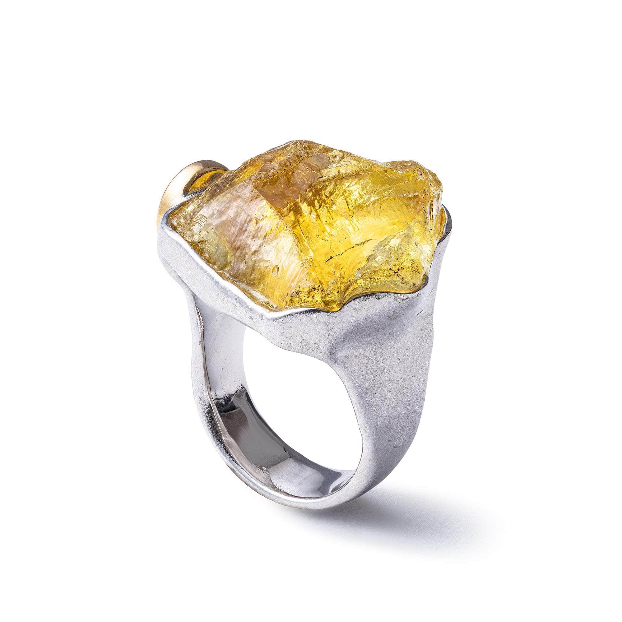 Furud Singular Edition Statement Ring with Rough Lemon Quartz and Tourmaline in Sterling Silver