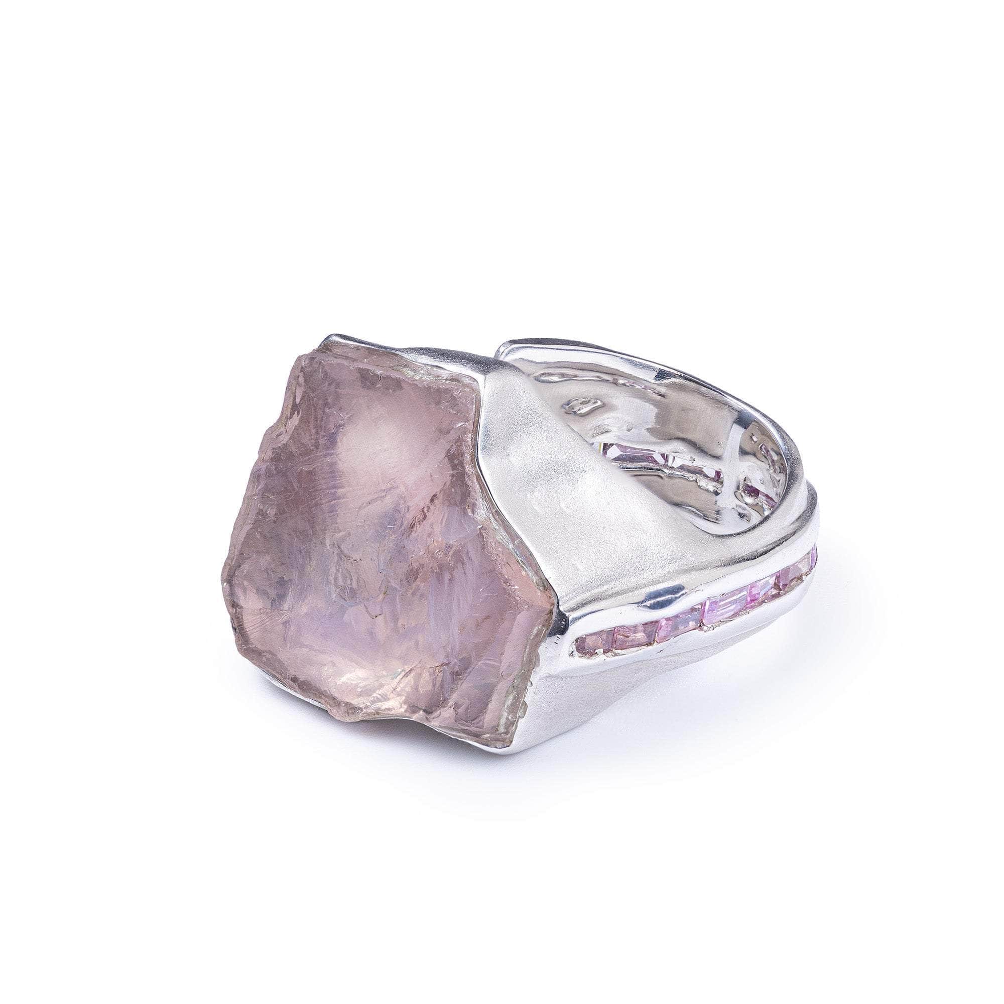 Chara Rough Rose Quartz and Sapphire Ring