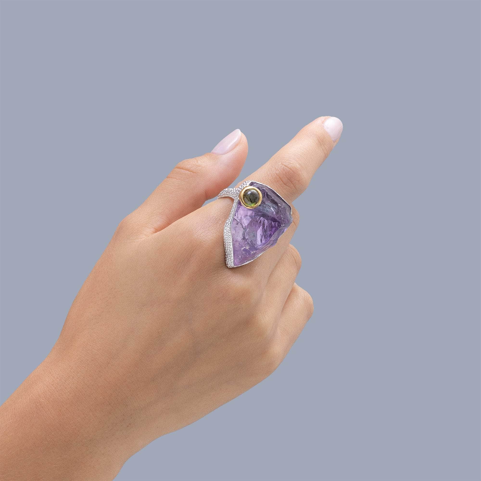 Caroli Rough Amethyst and Tourmaline Ring