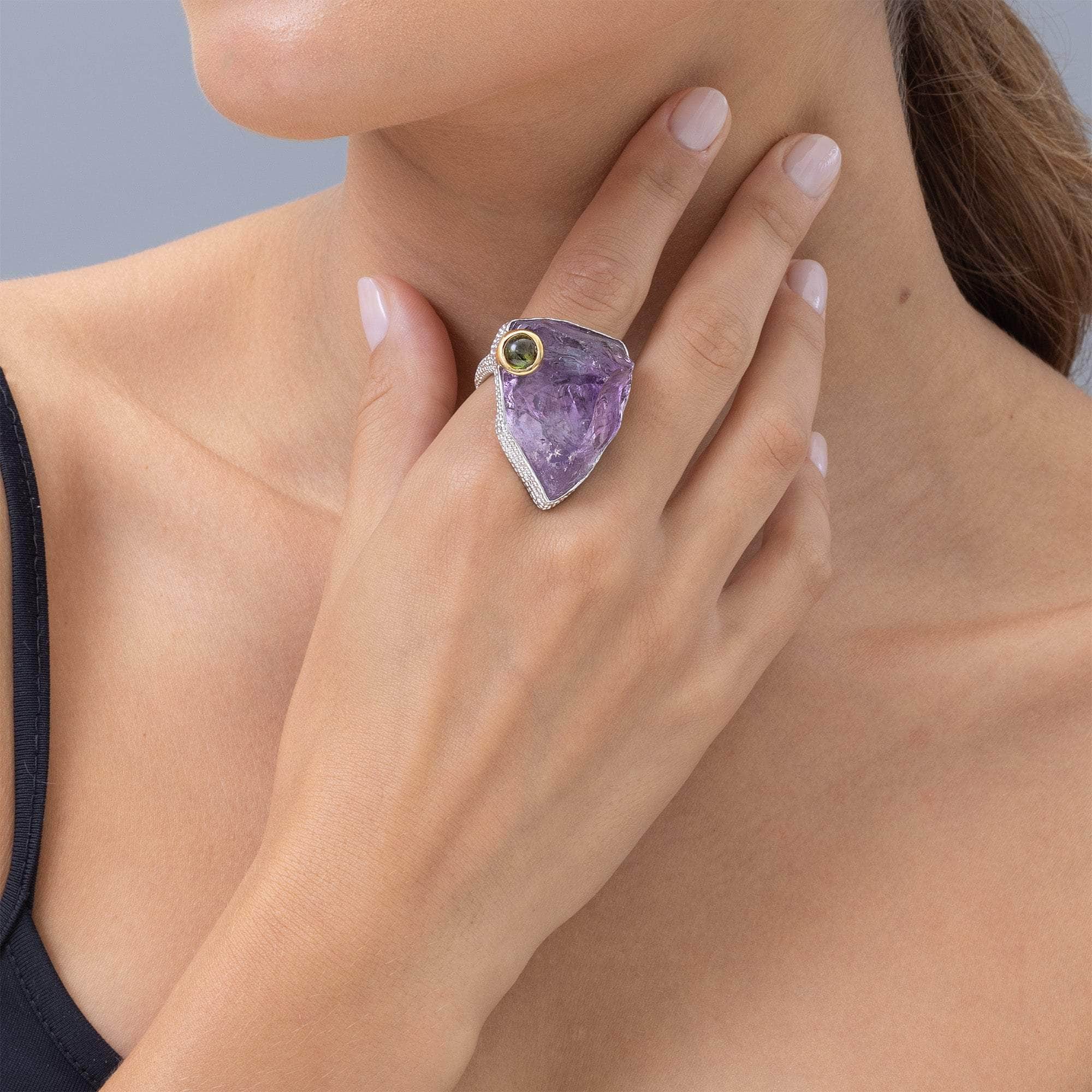 Caroli Rough Amethyst and Tourmaline Ring