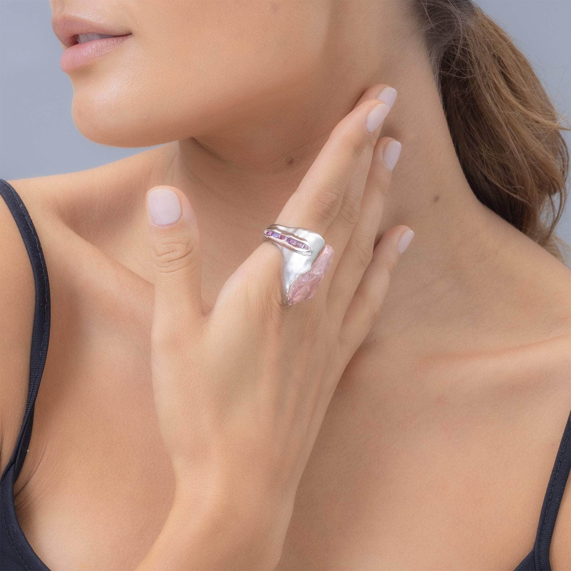 Nashira Rough Rose Quartz and Rough Sapphire Ring