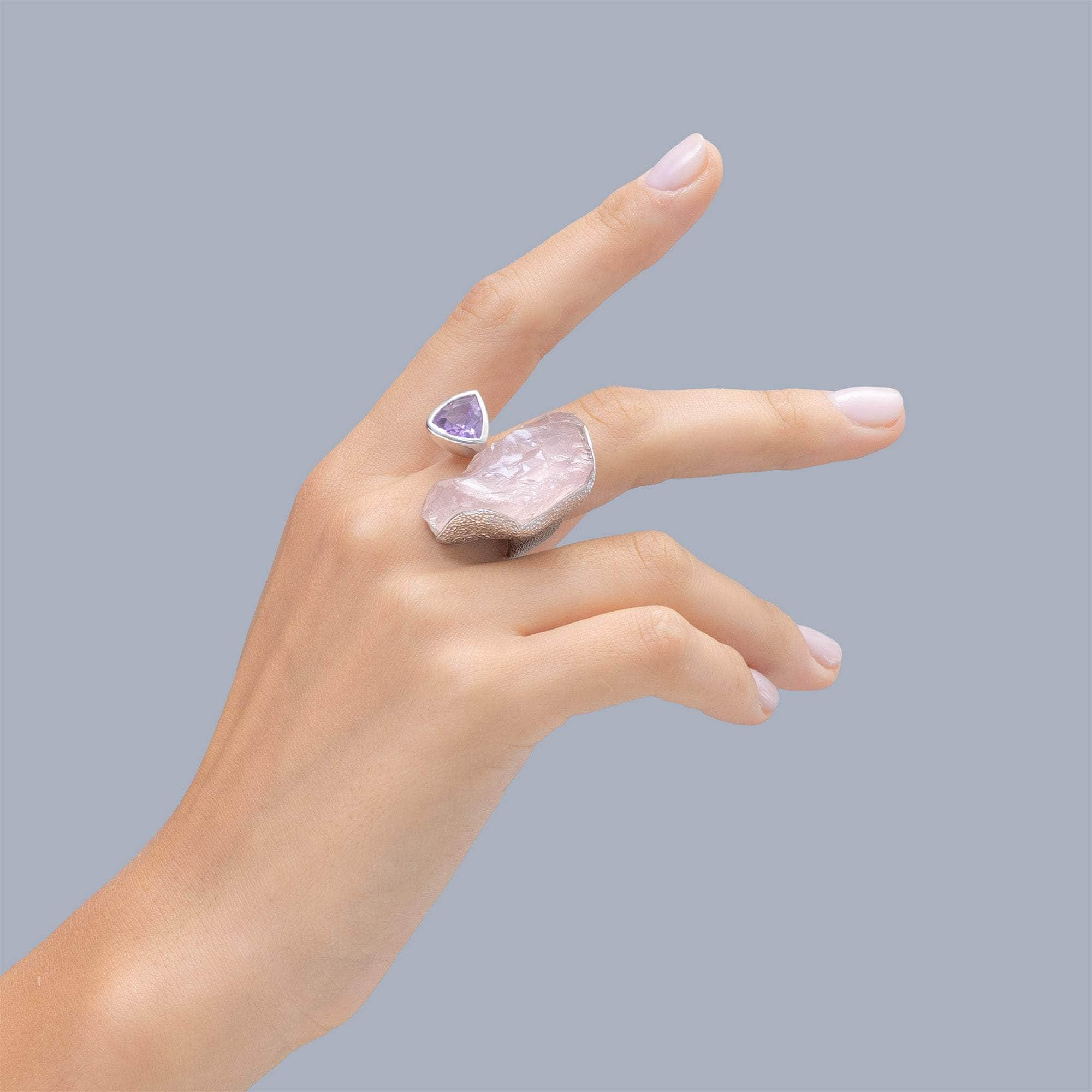 Nihal Rough Rose Quartz and Amethyst Ring GERMAN KABIRSKI