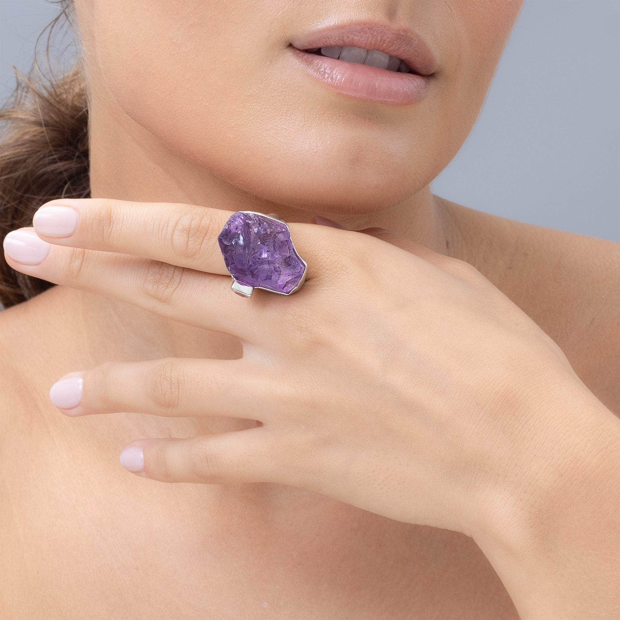 Sargas Singular Edition Designer Silver Ring with Rough Amethyst & Pink Spinel