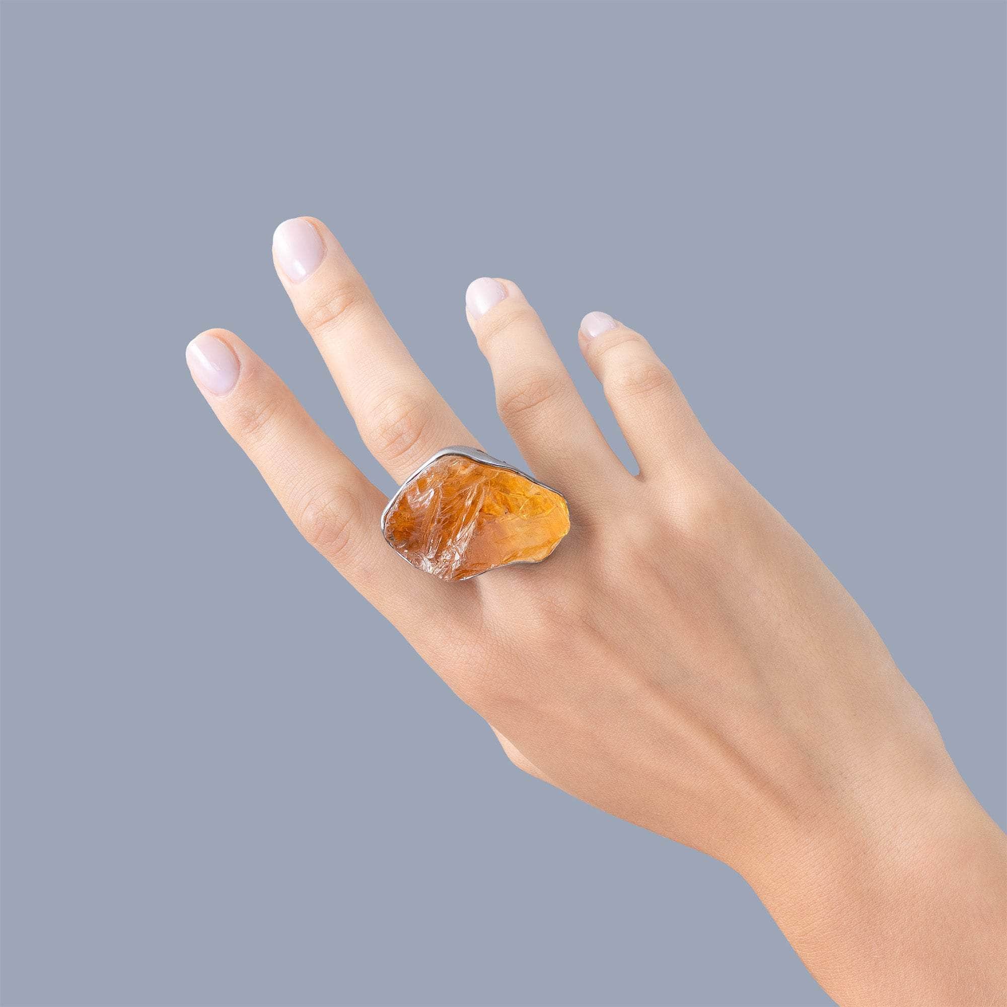 Almaaz Statement Ring with Natural Rough Citrine in 925 Silver & Titanium Mesh