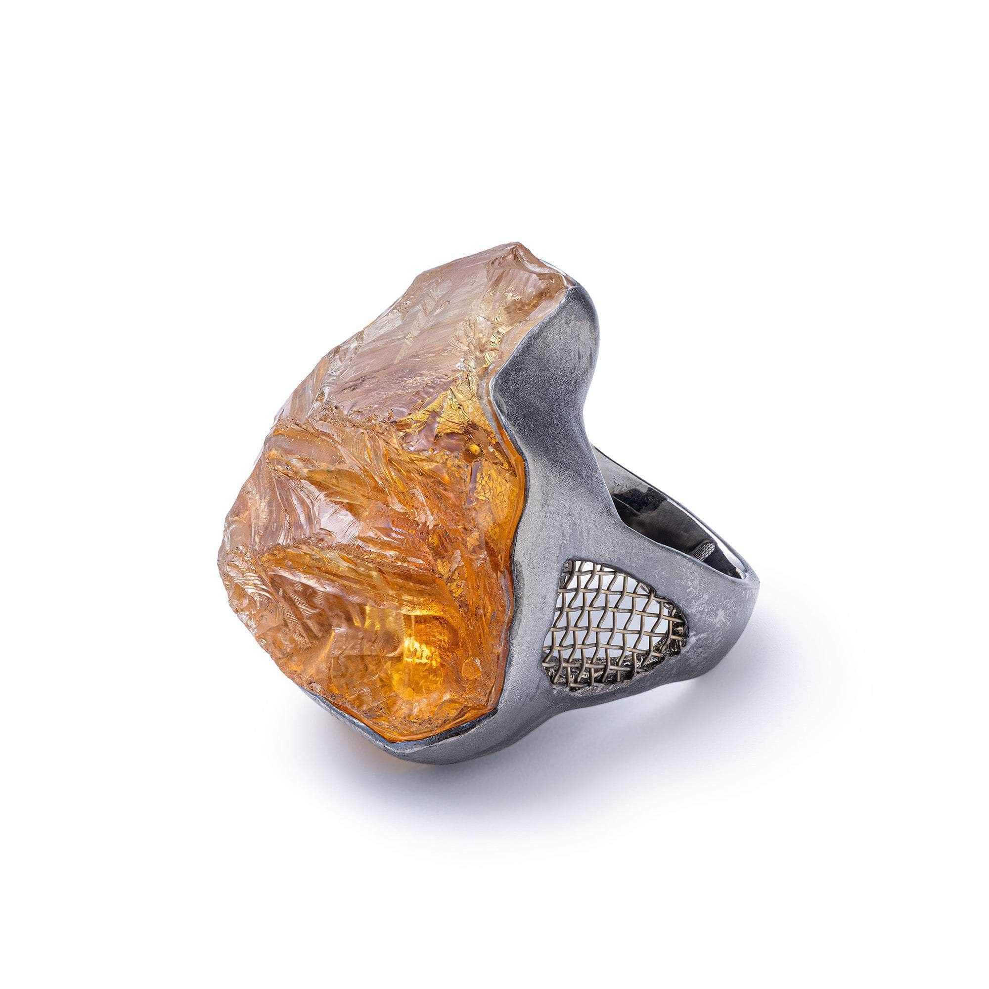 Almaaz Statement Ring with Natural Rough Citrine in 925 Silver & Titanium Mesh