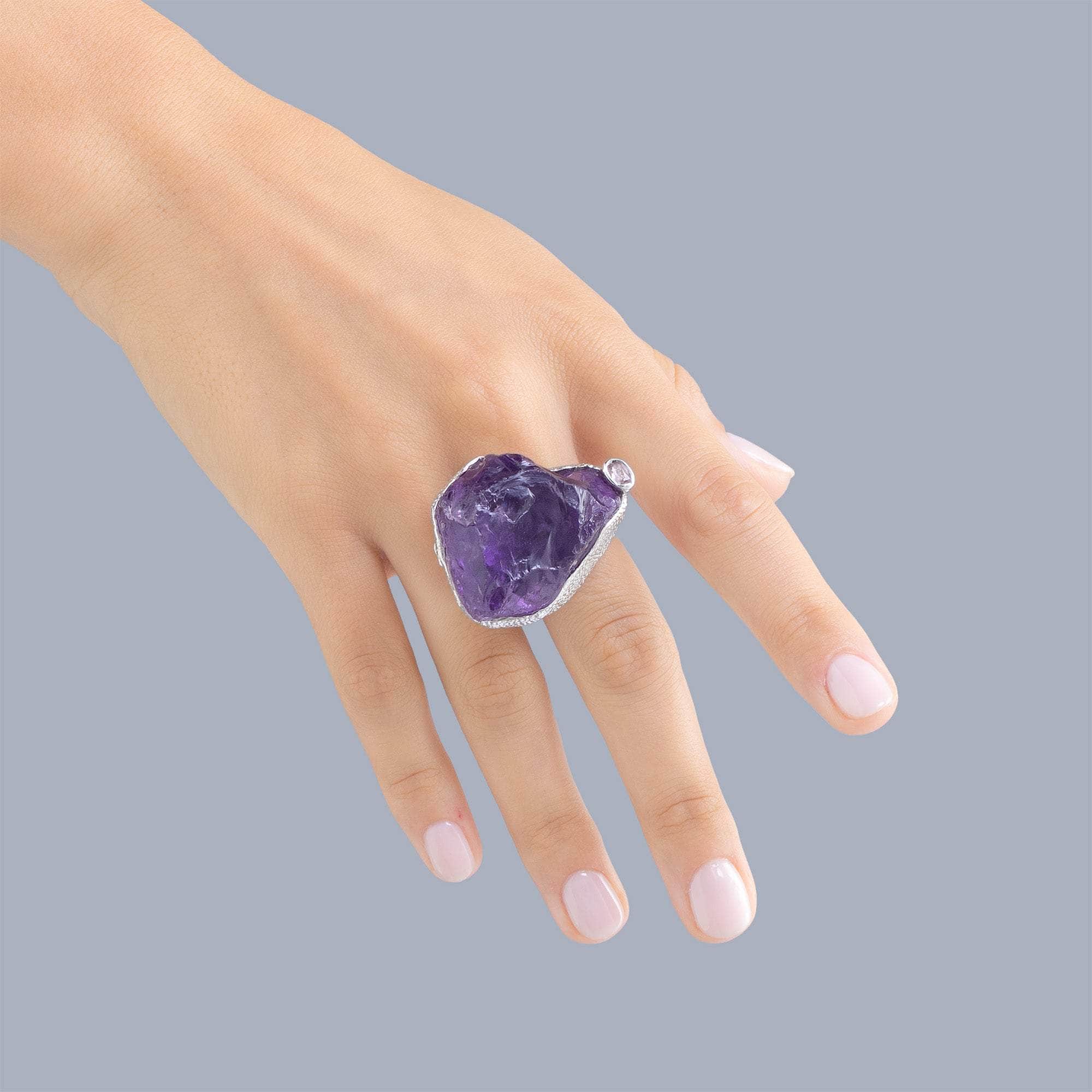 Taygeta Singular Statement Silver Ring with Natural Rough Amethyst & Sapphire