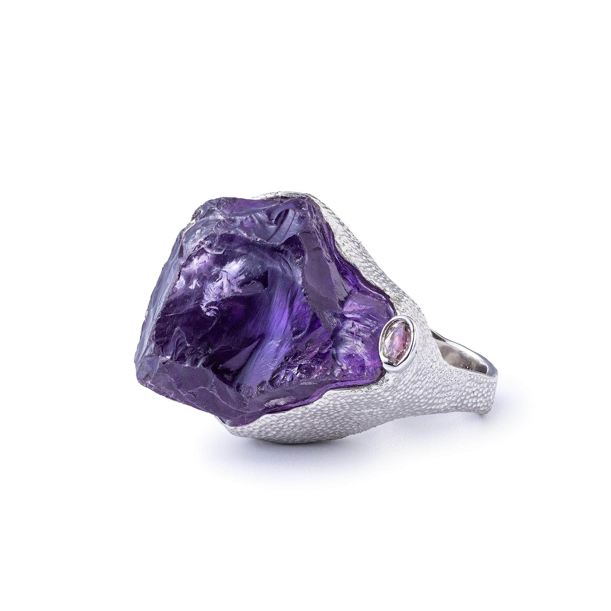 Taygeta Singular Statement Silver Ring with Natural Rough Amethyst & Sapphire