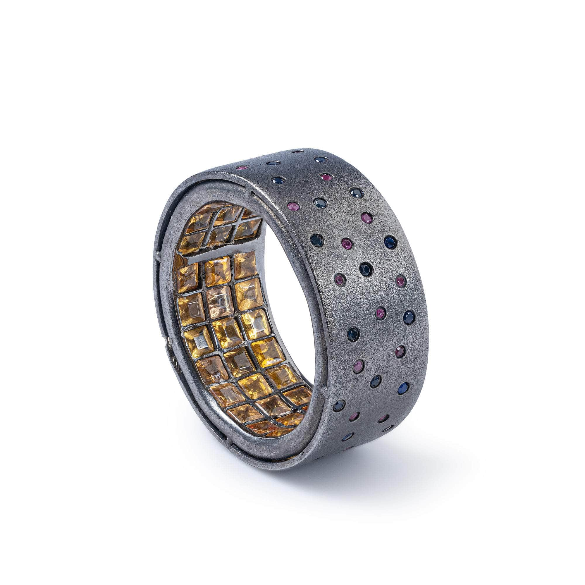 Taiga Singular Edition Egoist 925 Silver Ring with Yellow Sapphires, Rubies & Blue Sapphires