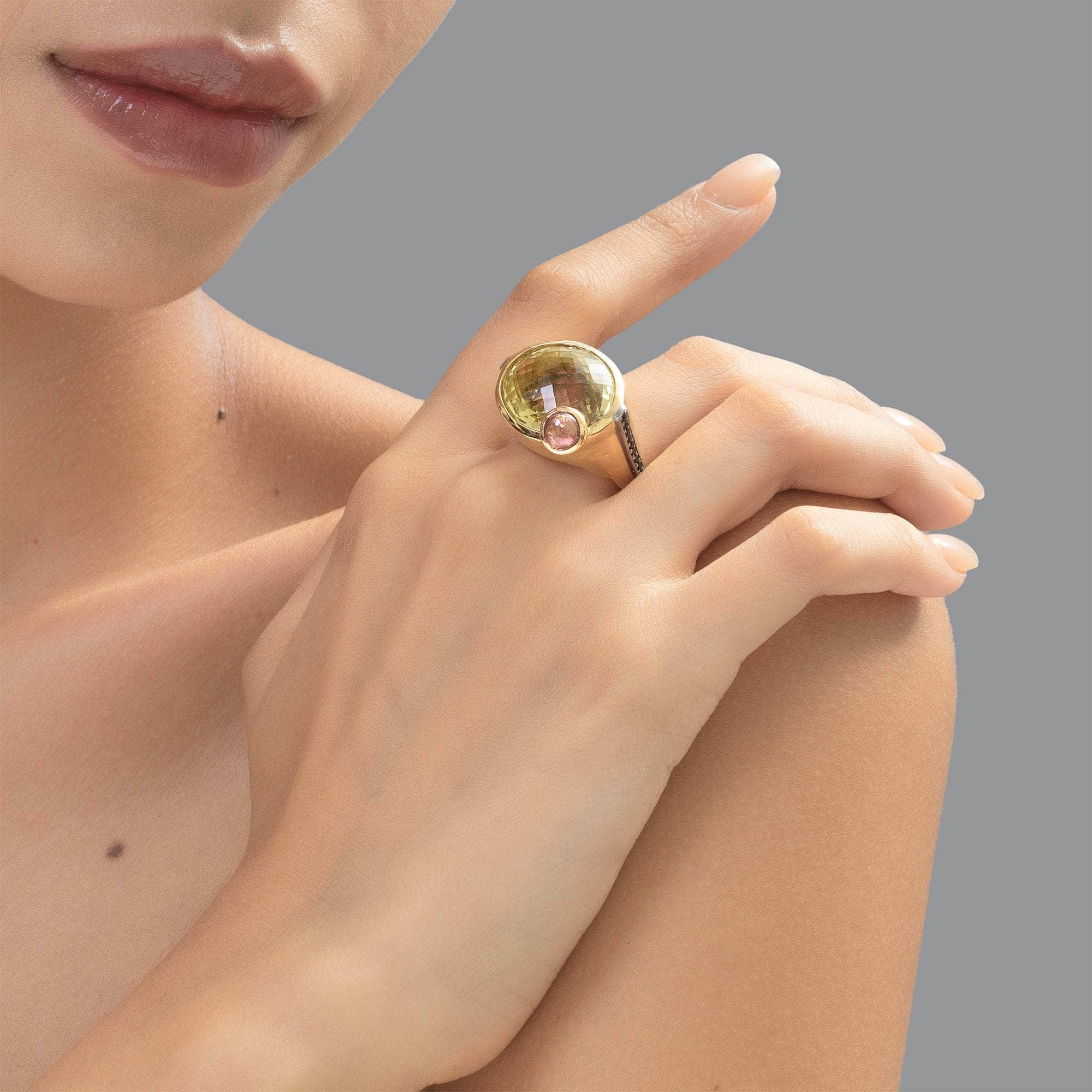 Proxima Handcrafted Singular Edition Gold-Plated Silver Ring with Lemon Quartz & Tourmaline