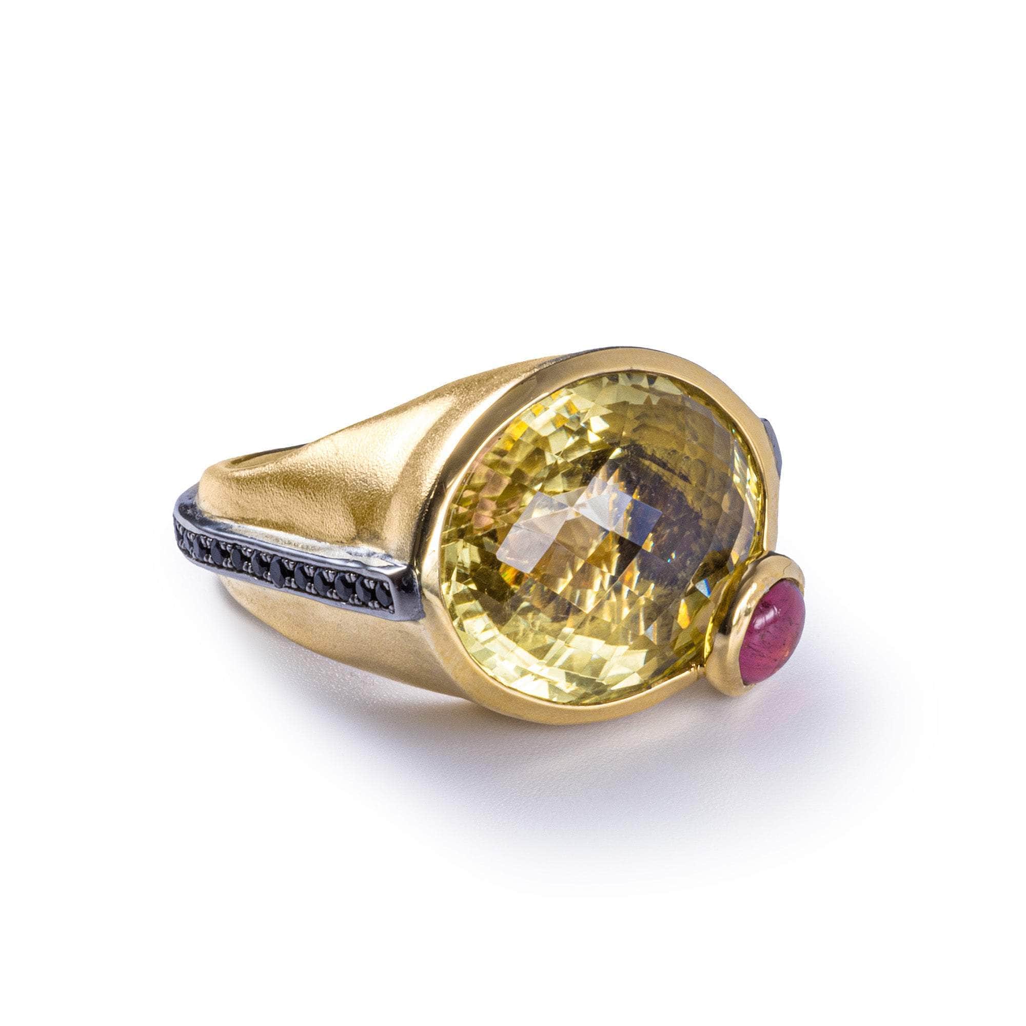Proxima Handcrafted Singular Edition Gold-Plated Silver Ring with Lemon Quartz & Tourmaline