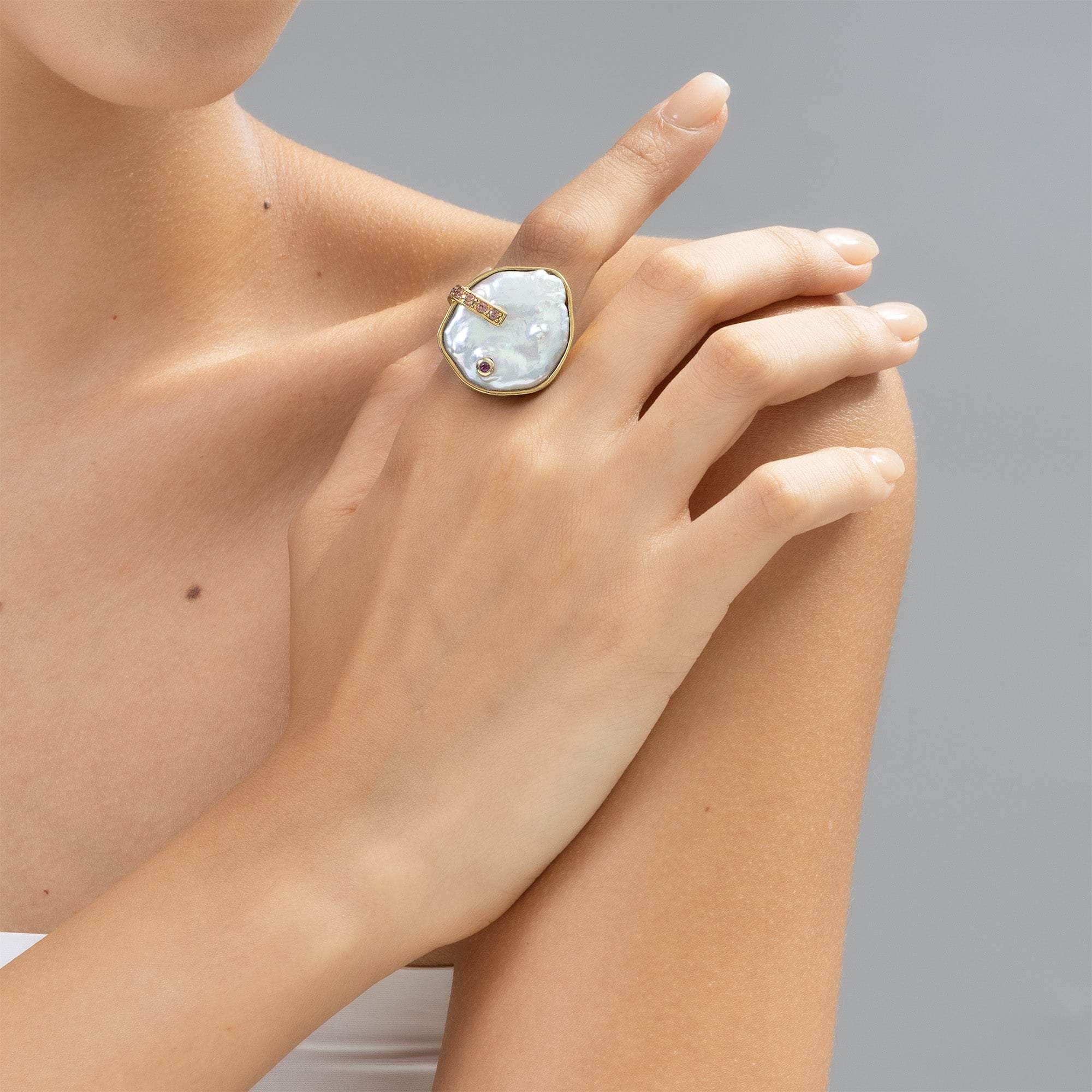 Vega Handmade Gold-Plated Silver Ring with Baroque Pearl & Sapphire