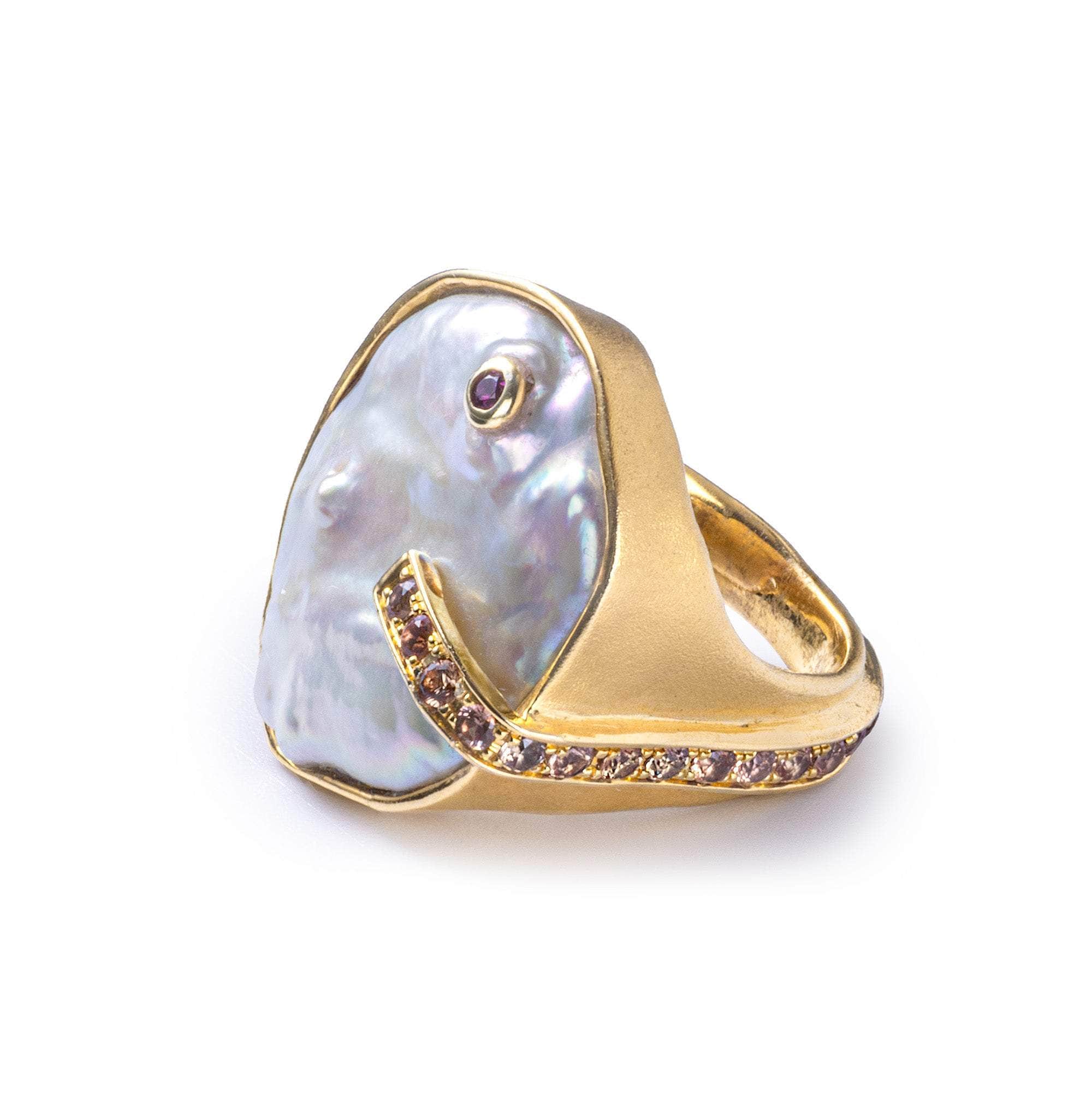 Vega Handmade Gold-Plated Silver Ring with Baroque Pearl & Sapphire